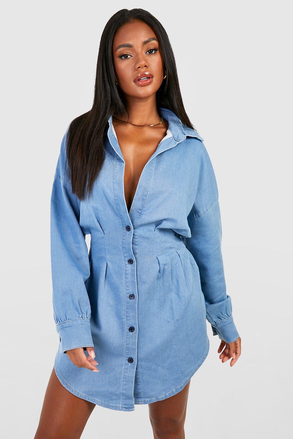 Boohoo Spijkerjurk Met Blouse Top En Geplooide Taille, Mid Blue