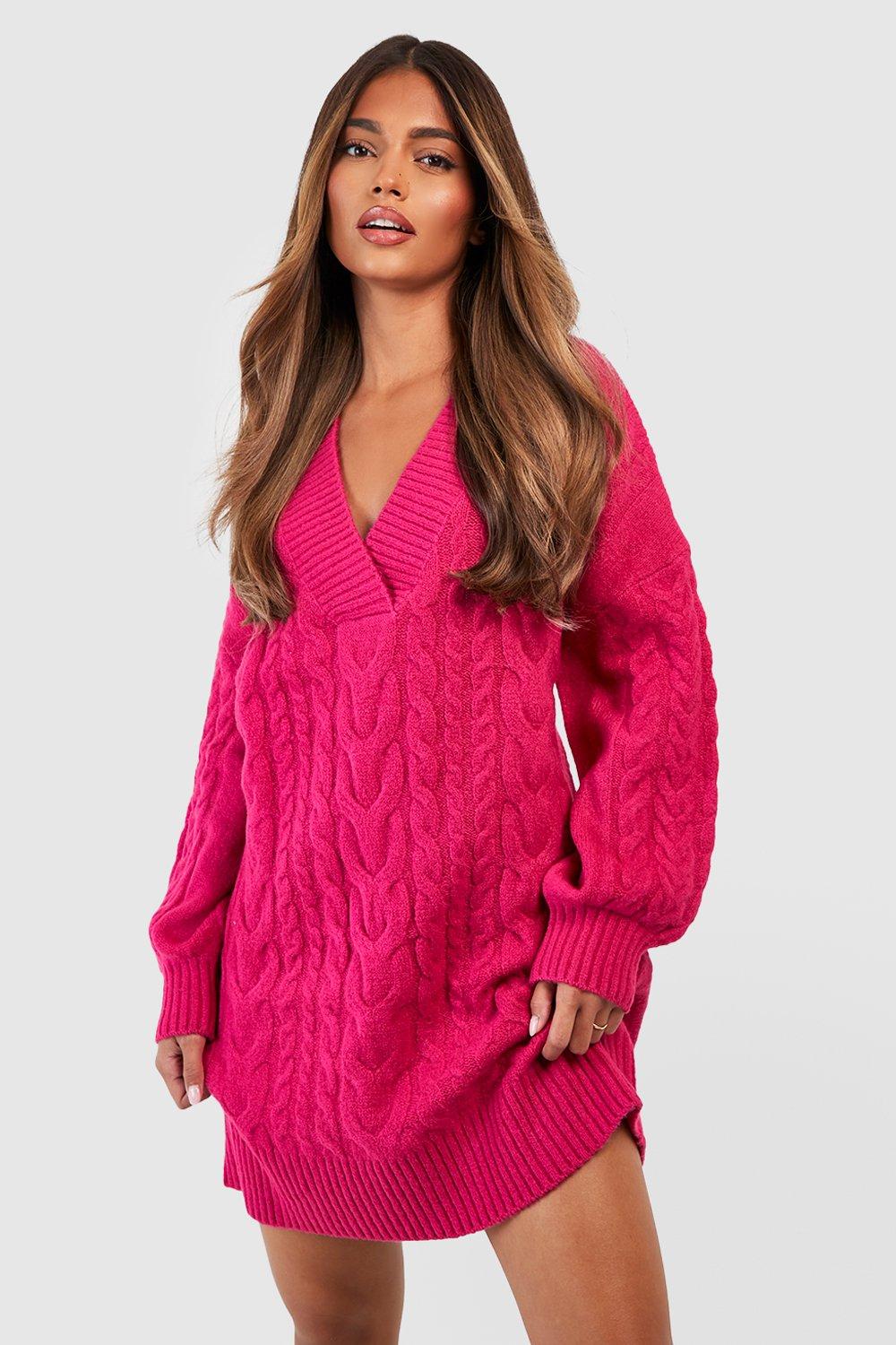 Boohoo Grof Gebreide Jurk Met V-Hals, Cerise