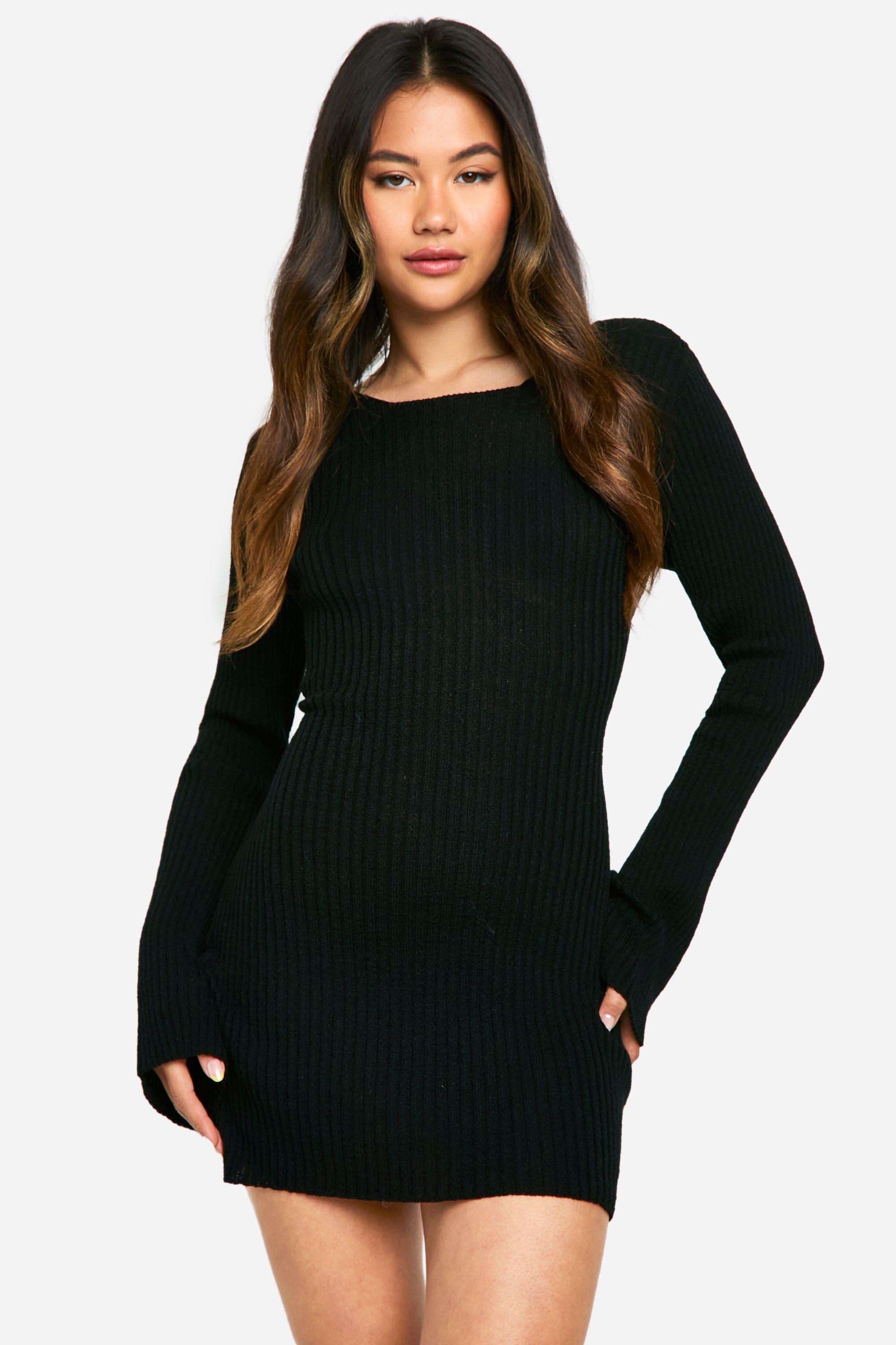 Boohoo Geribbelde Gebreide Mini Jurk Met Wijde Mouwen, Black