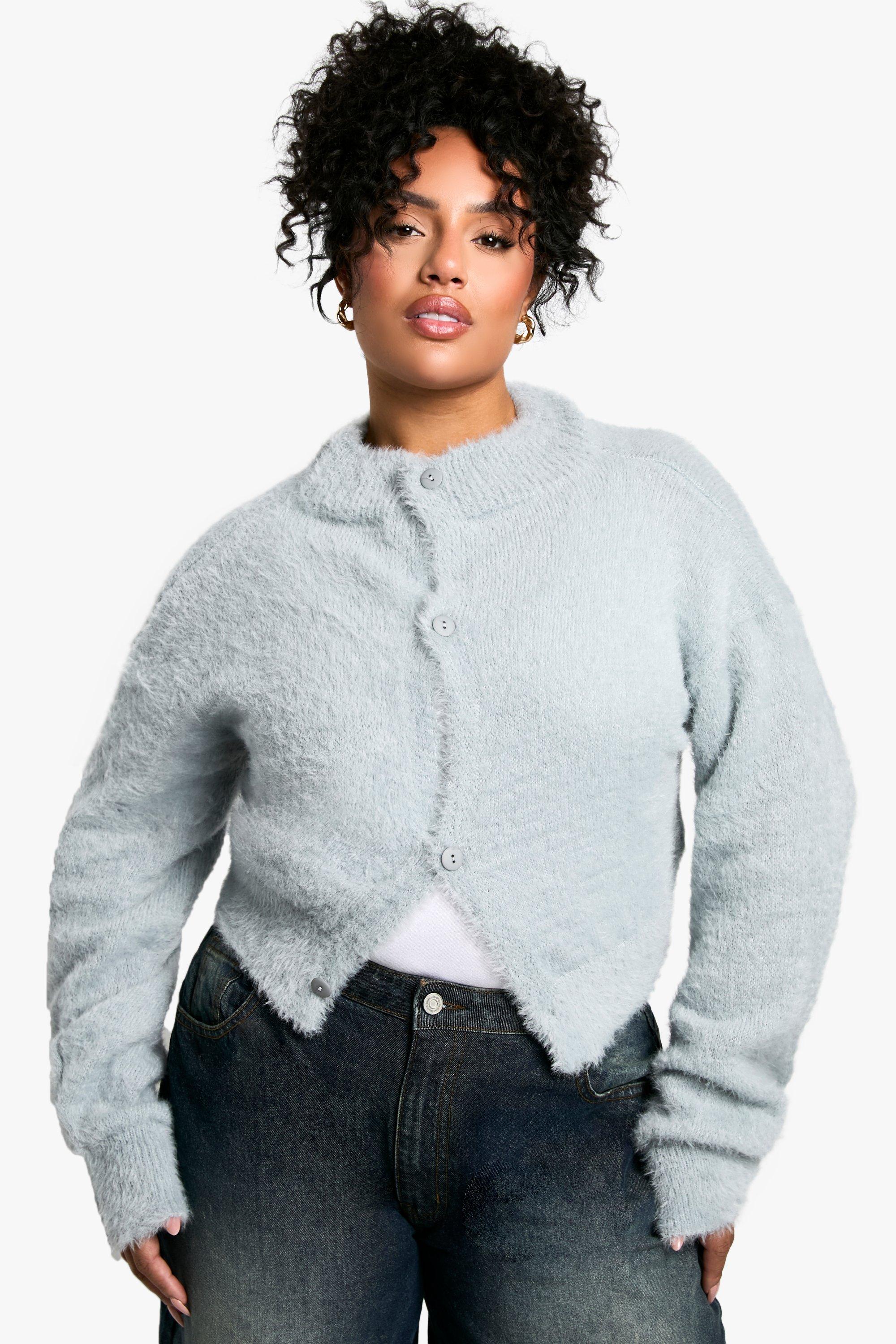 Boohoo Plus Pluizige Gebreide Cardigan Met Crewneck, Ash Grey