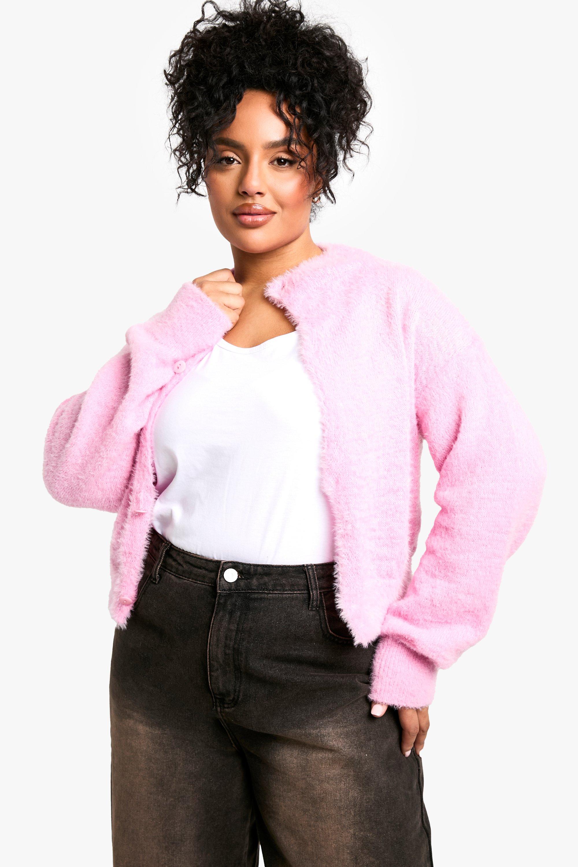 Boohoo Plus Pluizige Gebreide Cardigan Met Crewneck, Pink