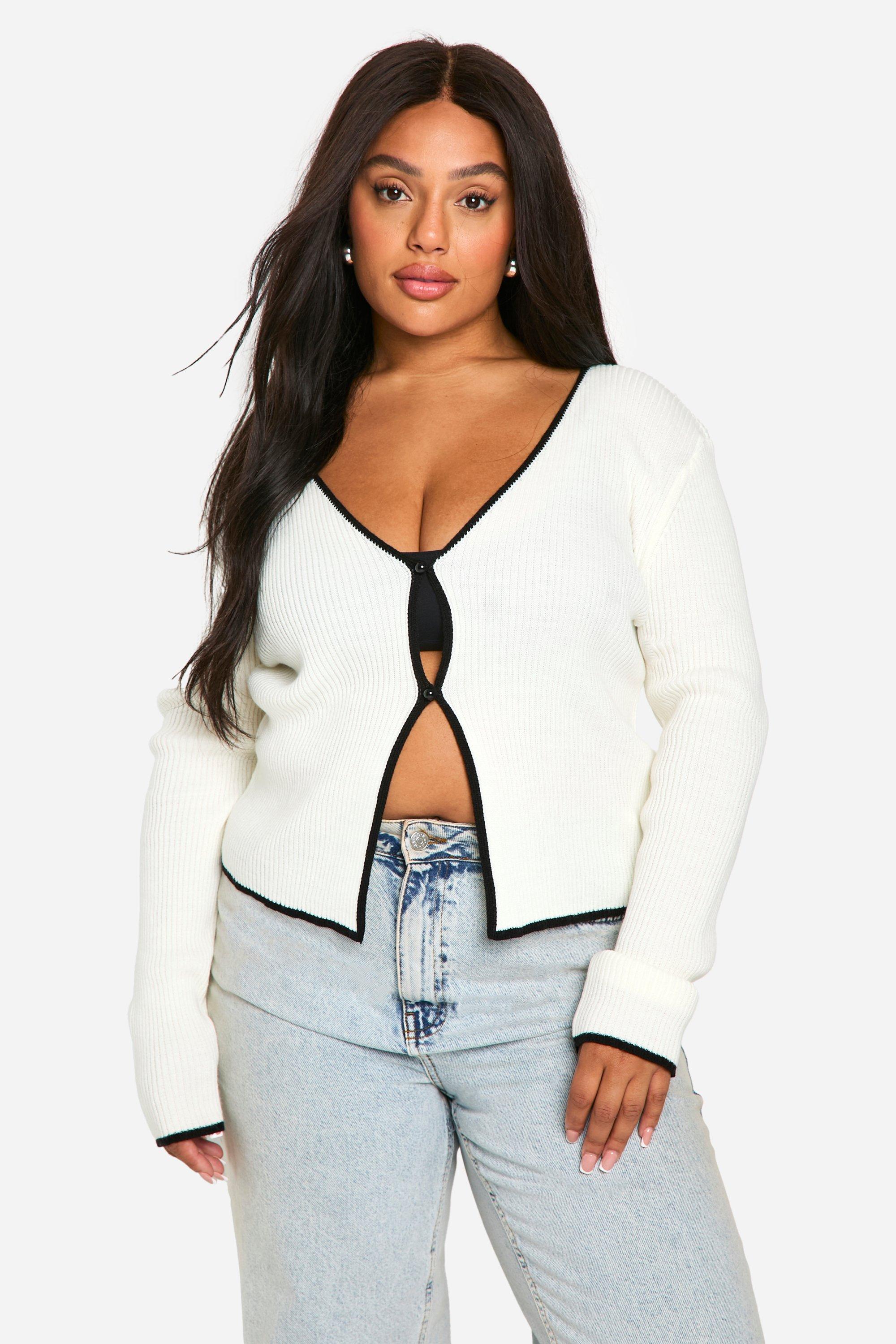 Boohoo Plus Cardigan Met Contrasterende Zoom En Knopen, White