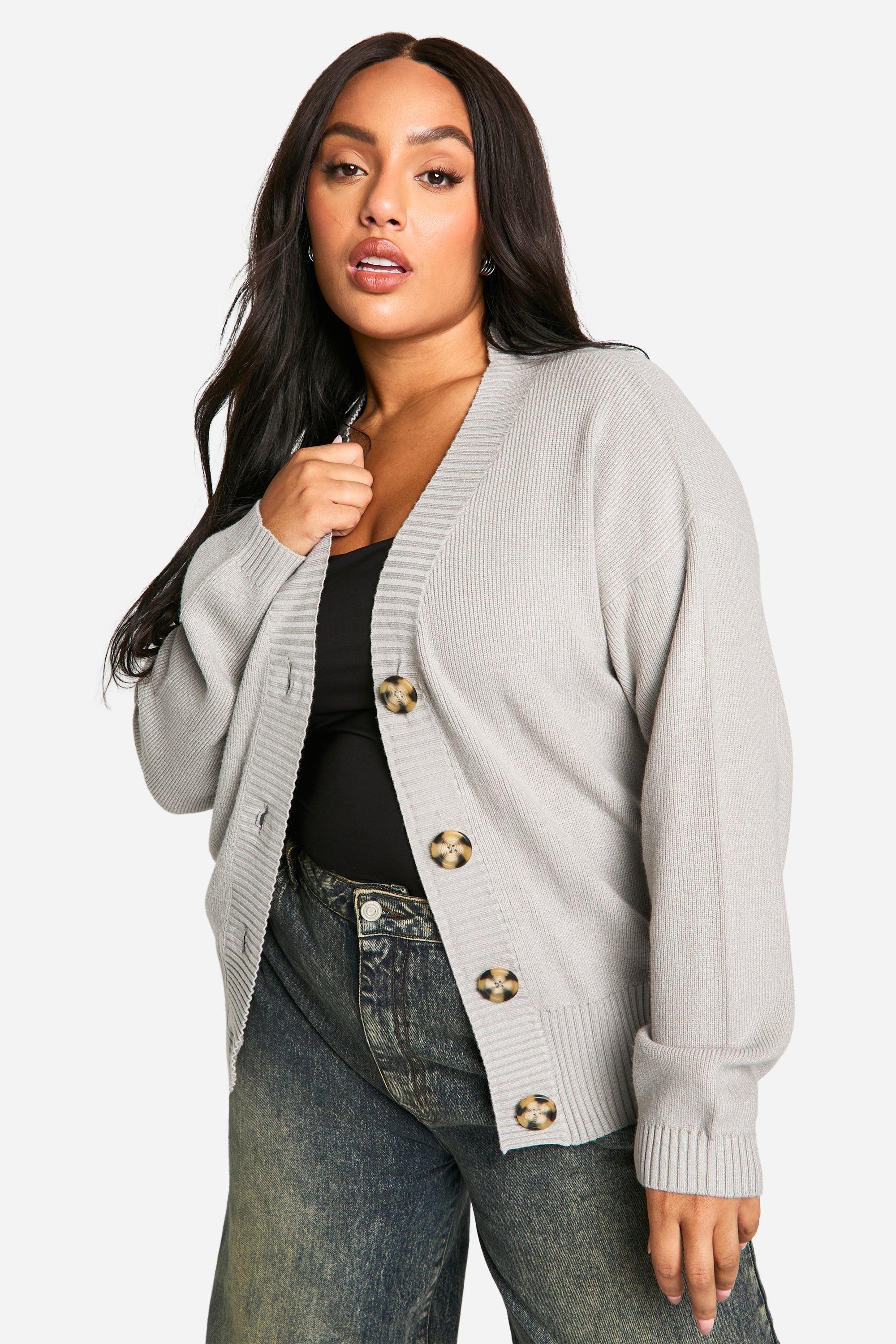 Boohoo Plus Oversized Geribbelde Baggy Gebreide Premium Cardigan, Grey