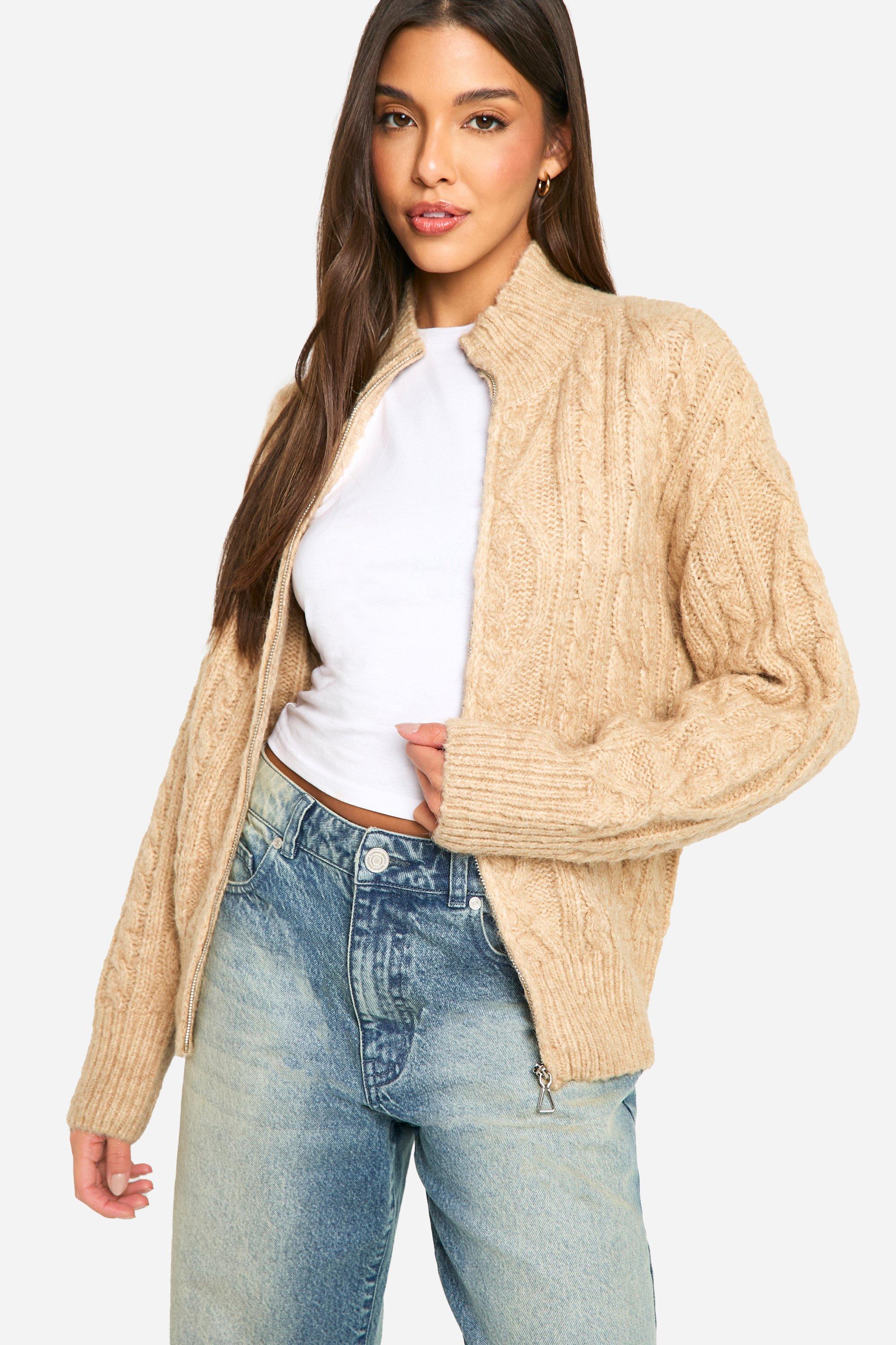 Boohoo Dikke Grof Gebreide Premium Cardigan Met Rits, Beige