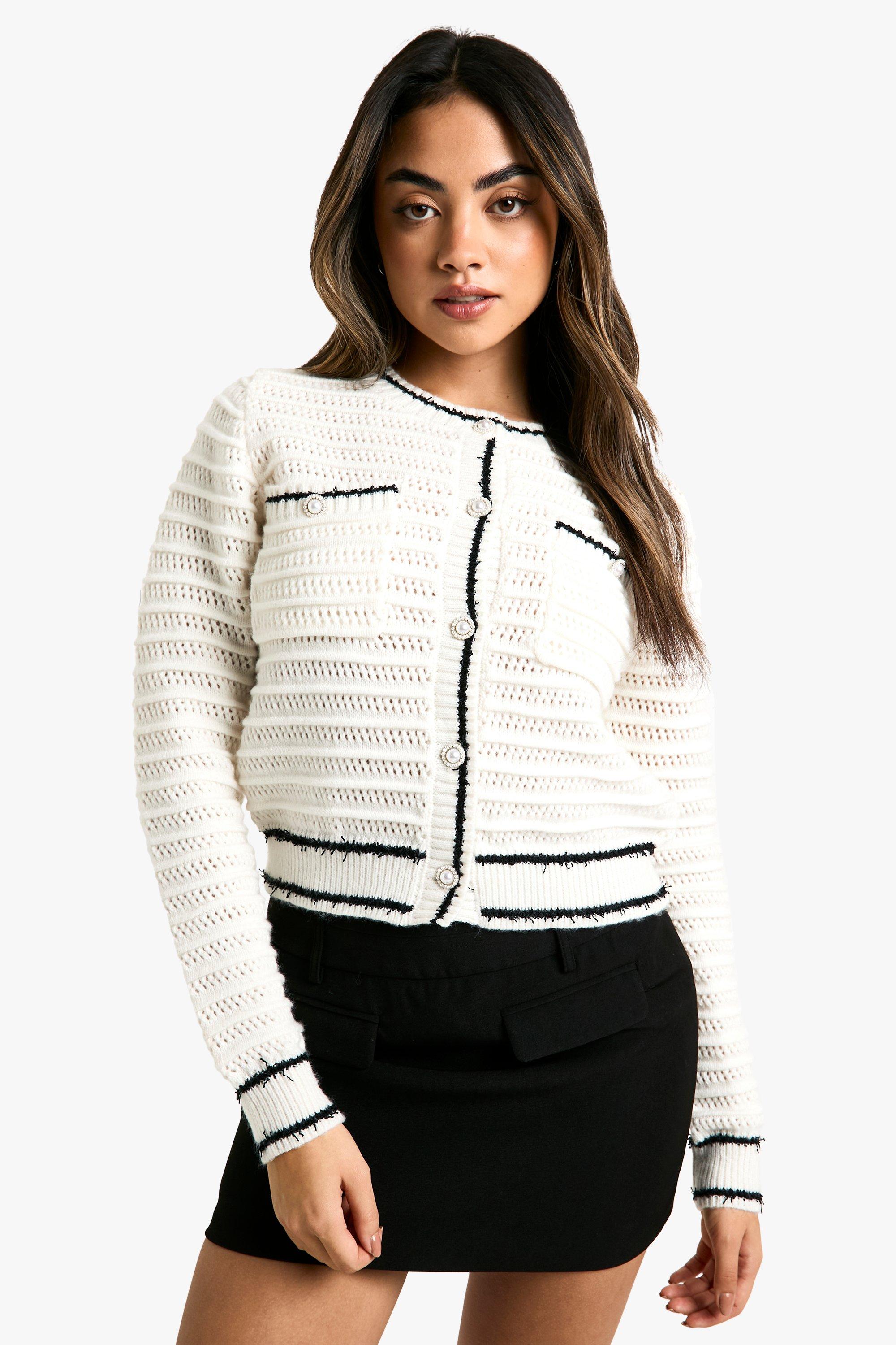 Boohoo Gebreide Bouclé Cardigan Met Contrasterend Detail, Cream