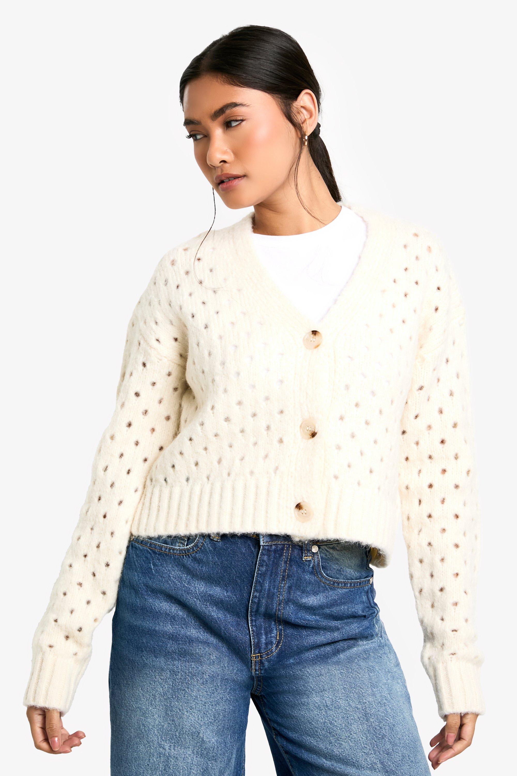 Boohoo Pluizige Gebreide Cardigan Met Gaatjes, Cream