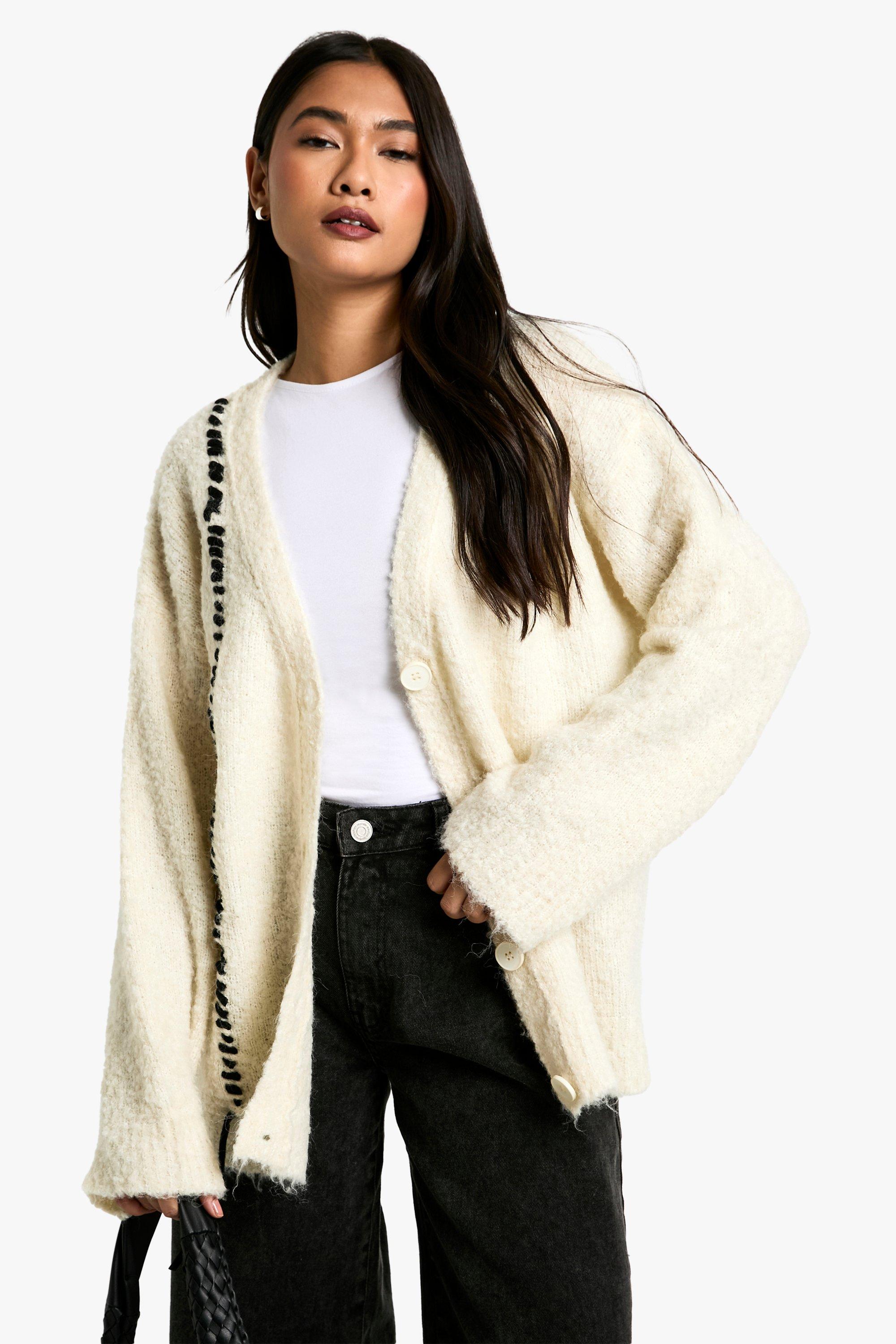 Boohoo Gebreide Bouclé Cardigan Met Stiksels, Cream