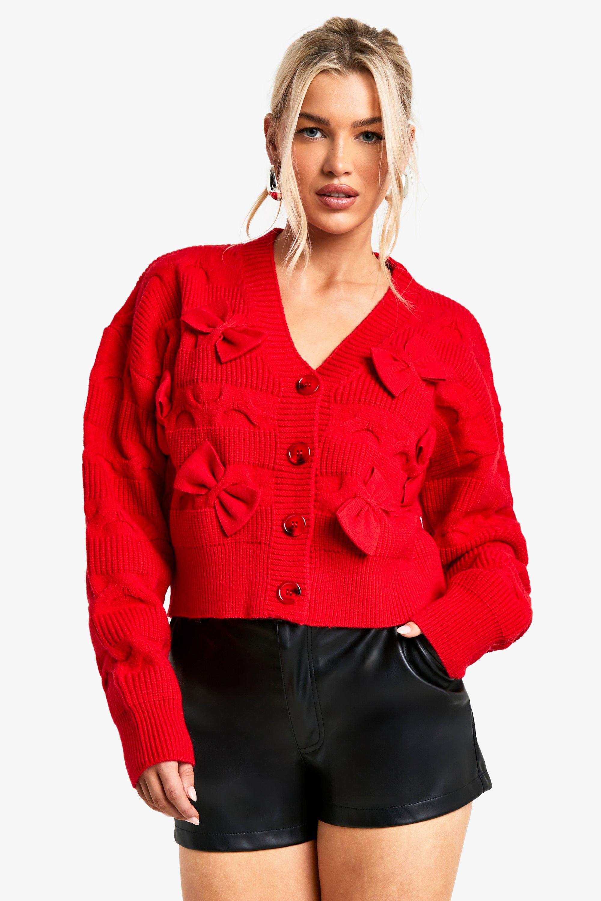 Boohoo Pluizige Gebreide Cardigan Met Strik, Red