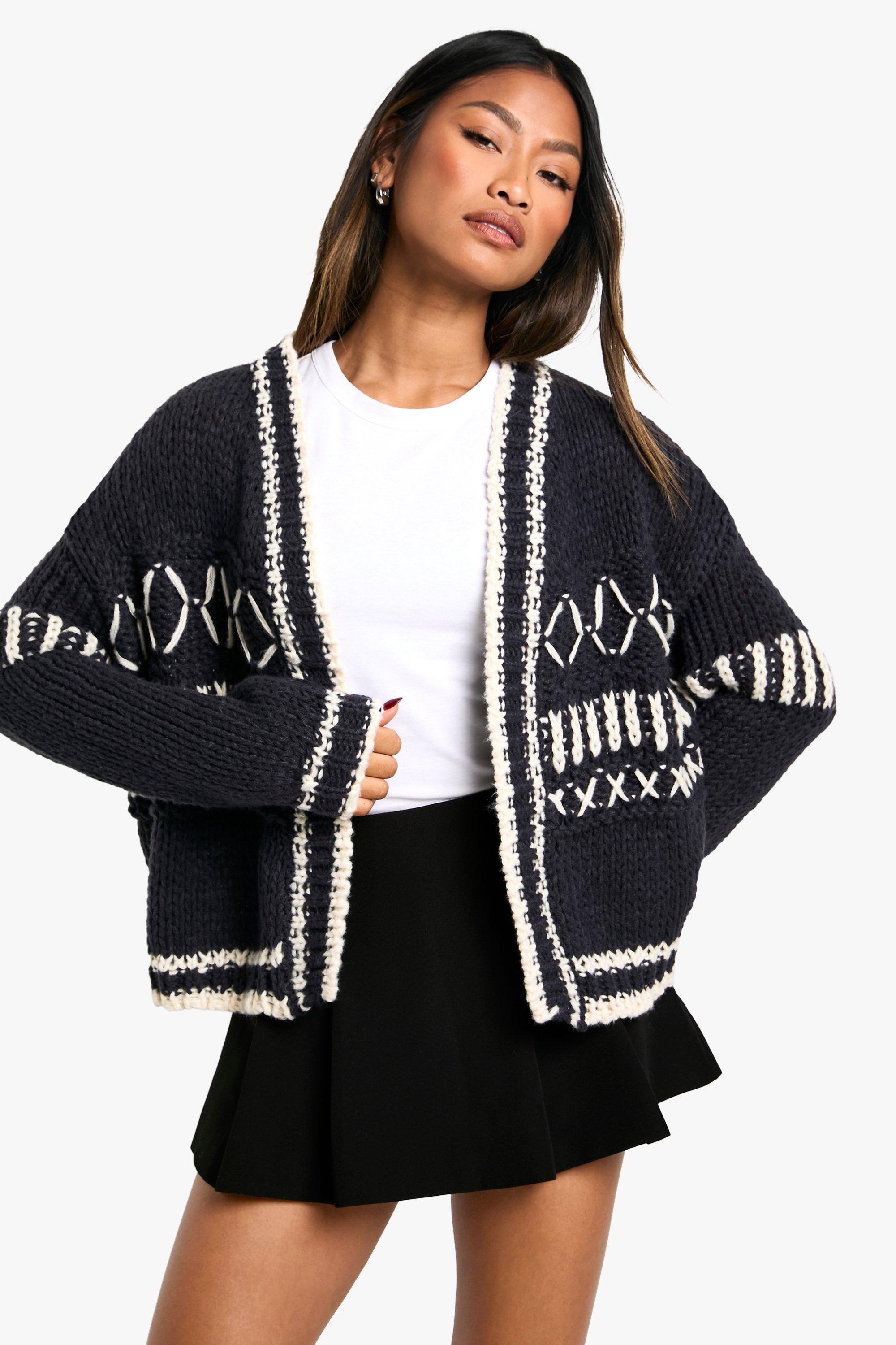 Boohoo Dikke Gebreide Cardigan Met Contrasterende Stiksels, Navy