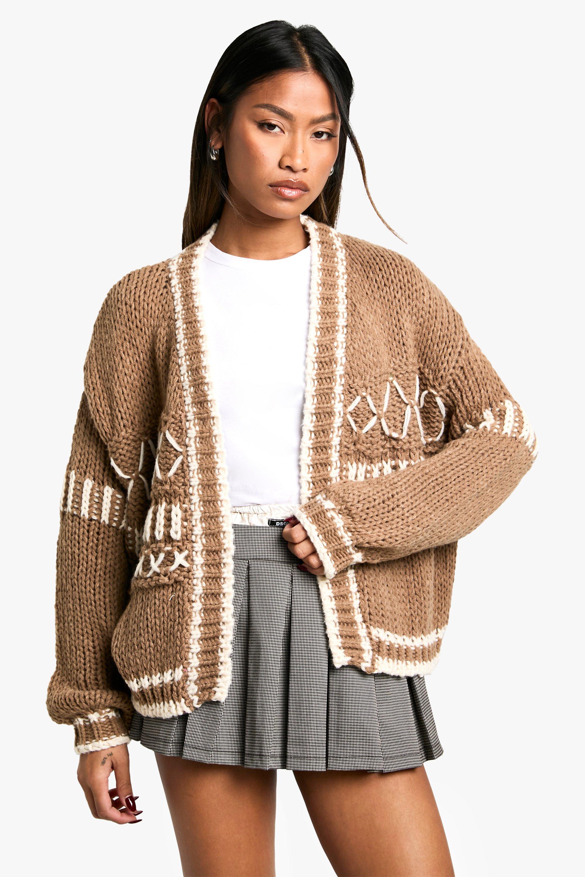 Boohoo Dikke Gebreide Cardigan Met Contrasterende Stiksels, Camel