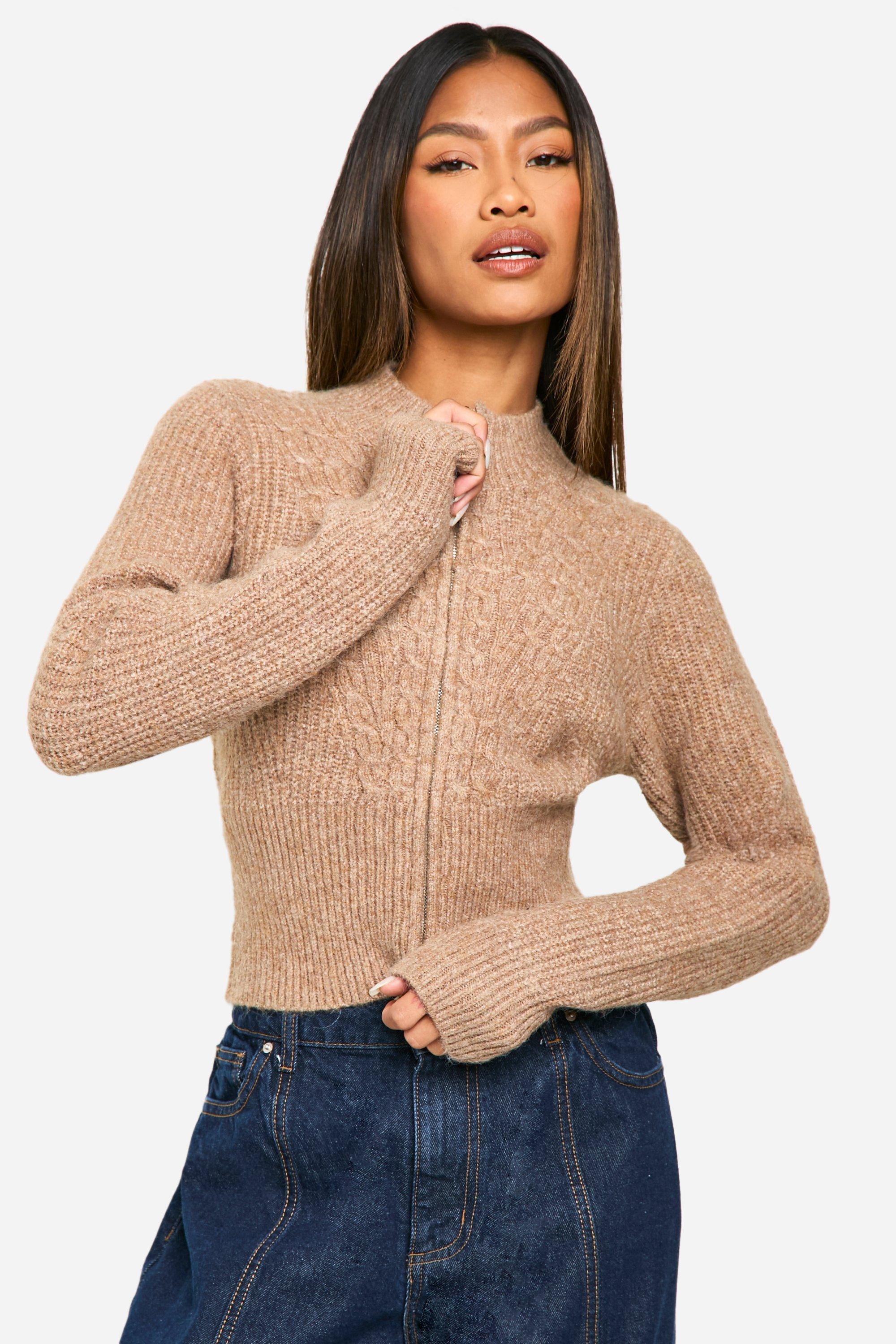 Boohoo Grof Gebreide Getailleerde Cardigan Met Rits, Chocolate