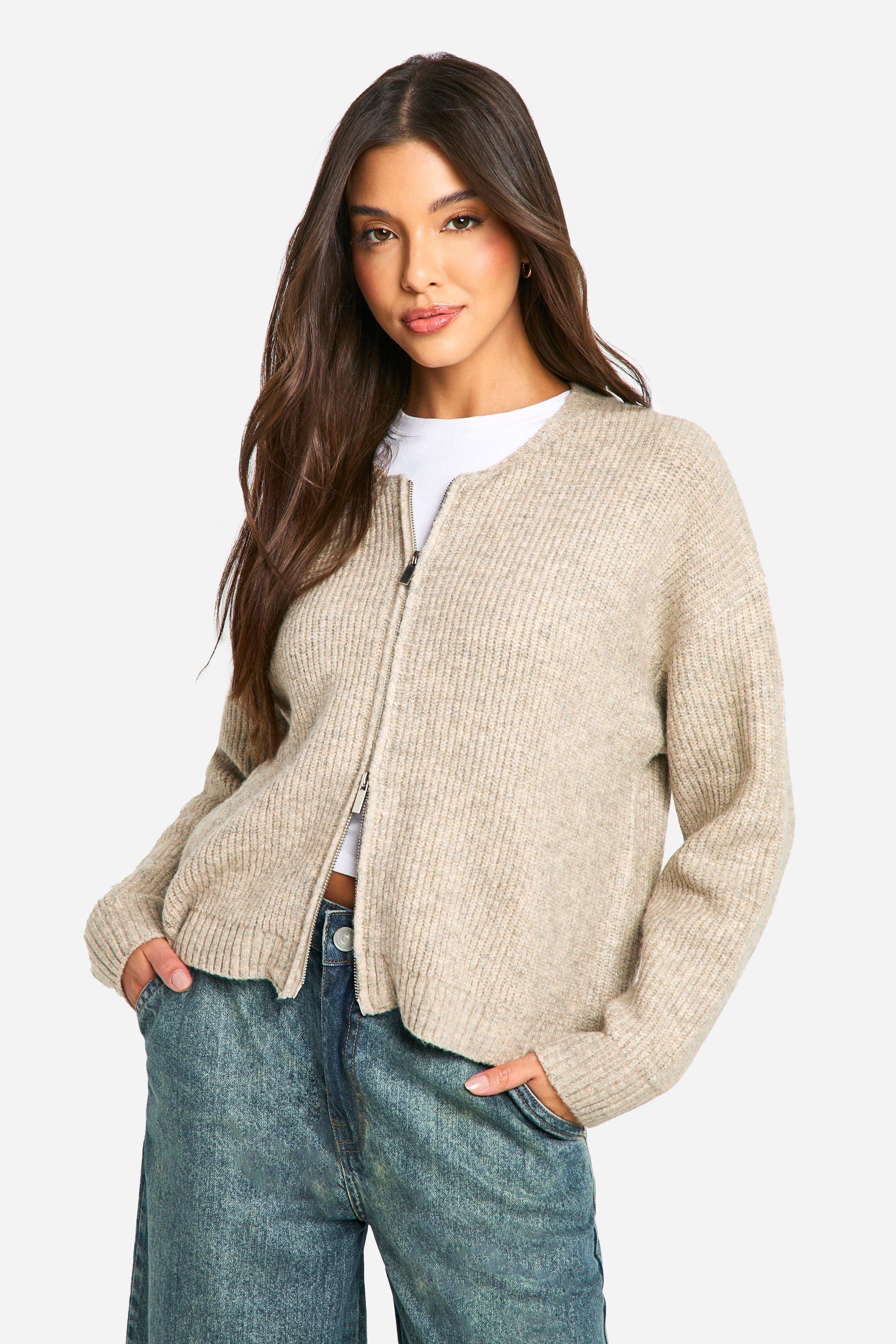 Boohoo Pluizige Gebreide Cardigan Met Rits En Bomberjack, Oatmeal