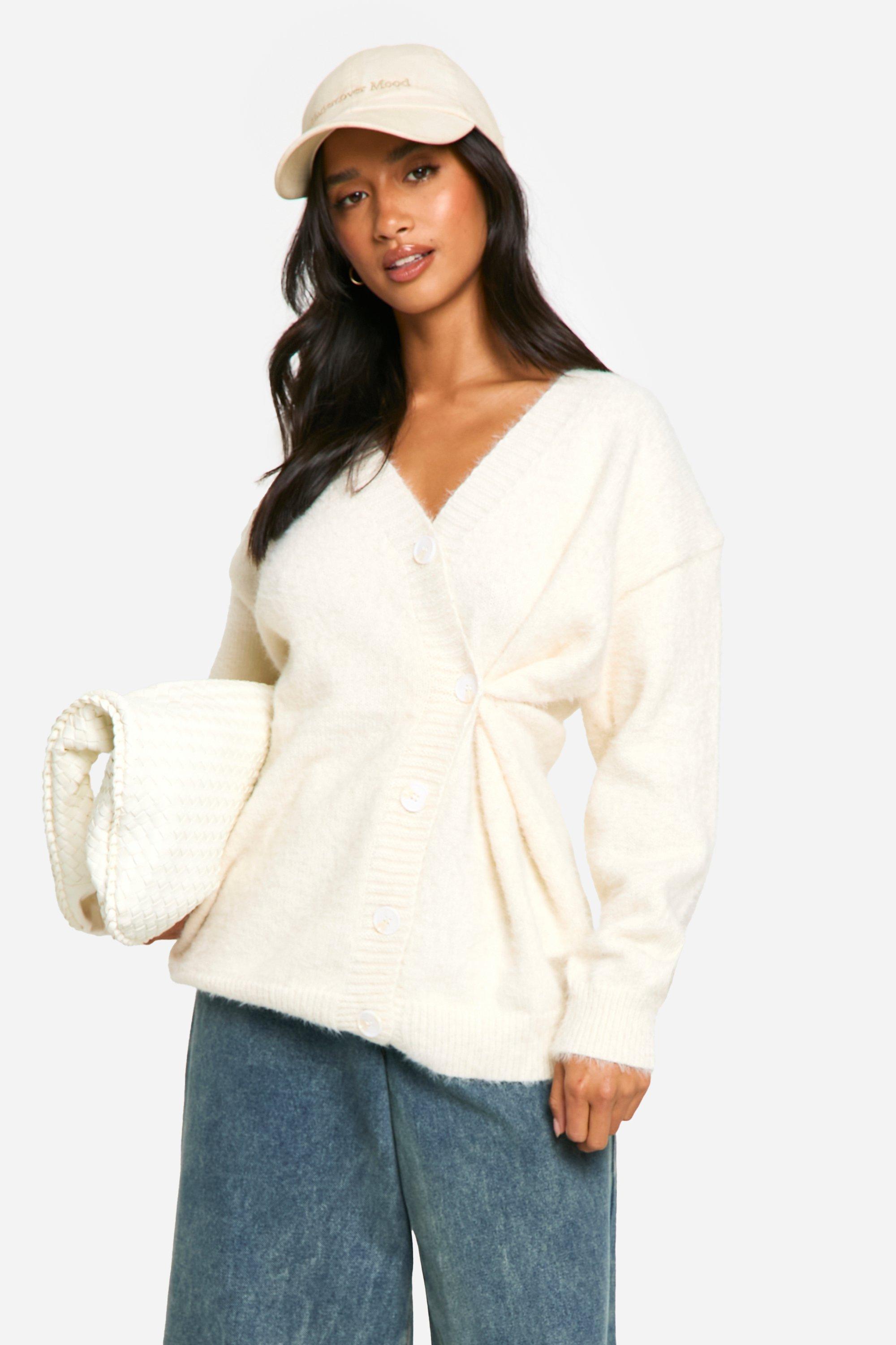 Boohoo Petite Geborstelde Asymmetrische Cardigan Met Knoop Detail, Ivory