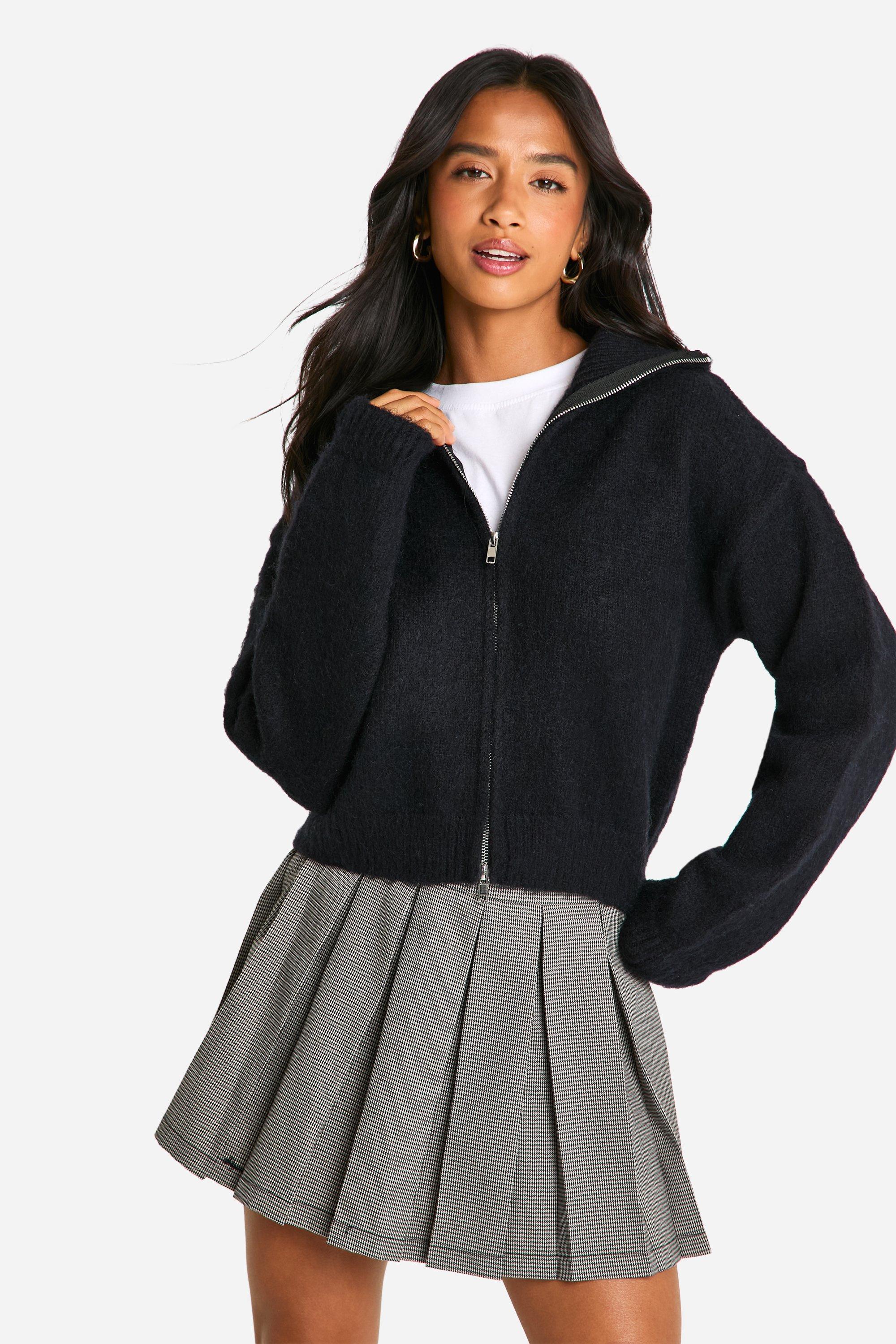 Boohoo Petite Geborstelde Gebreide Cardigan Met Rits, Black