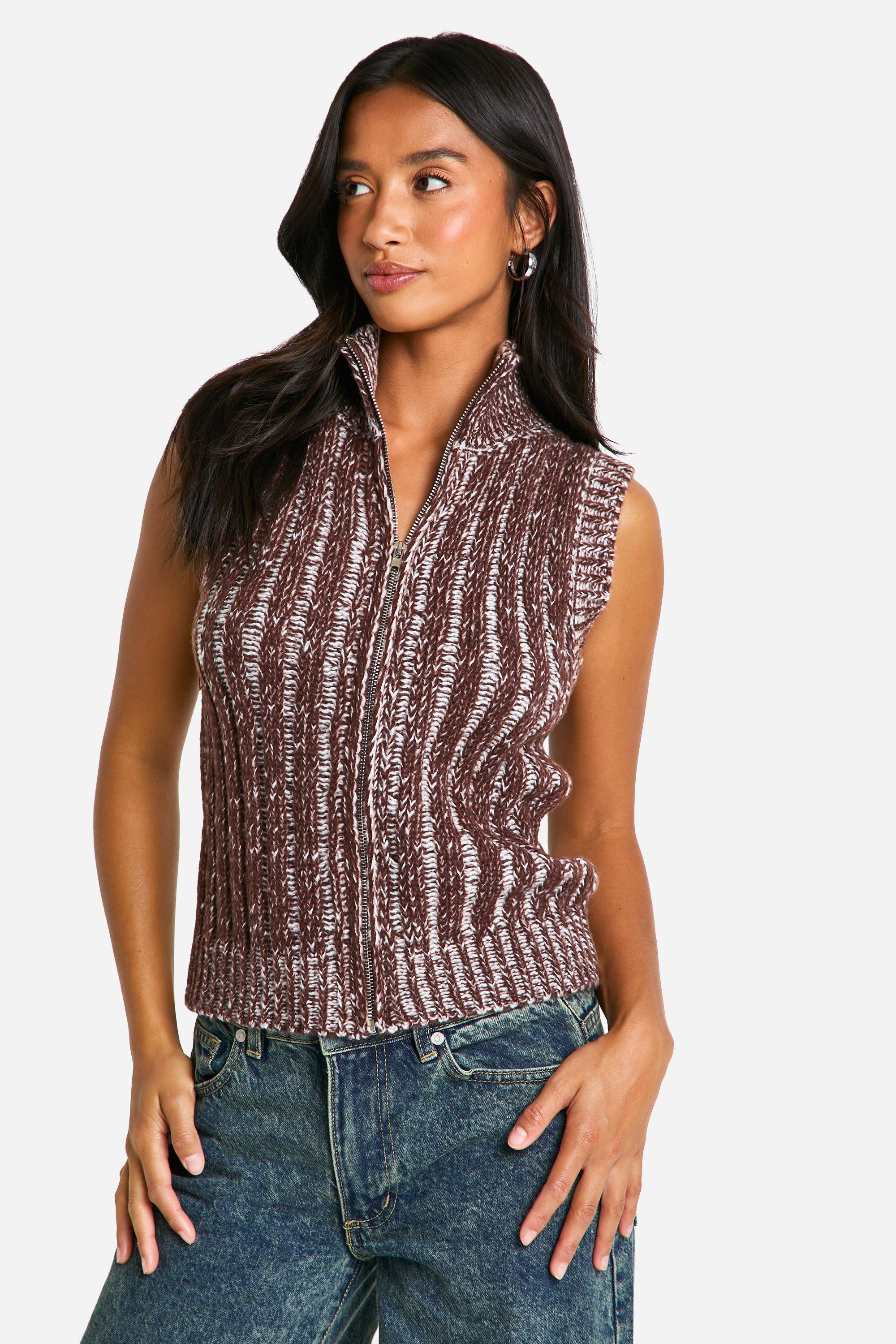 Boohoo Petite Contrasterend Geribbelde Gebreide Mouwloze Top Met Rits, Chocolate