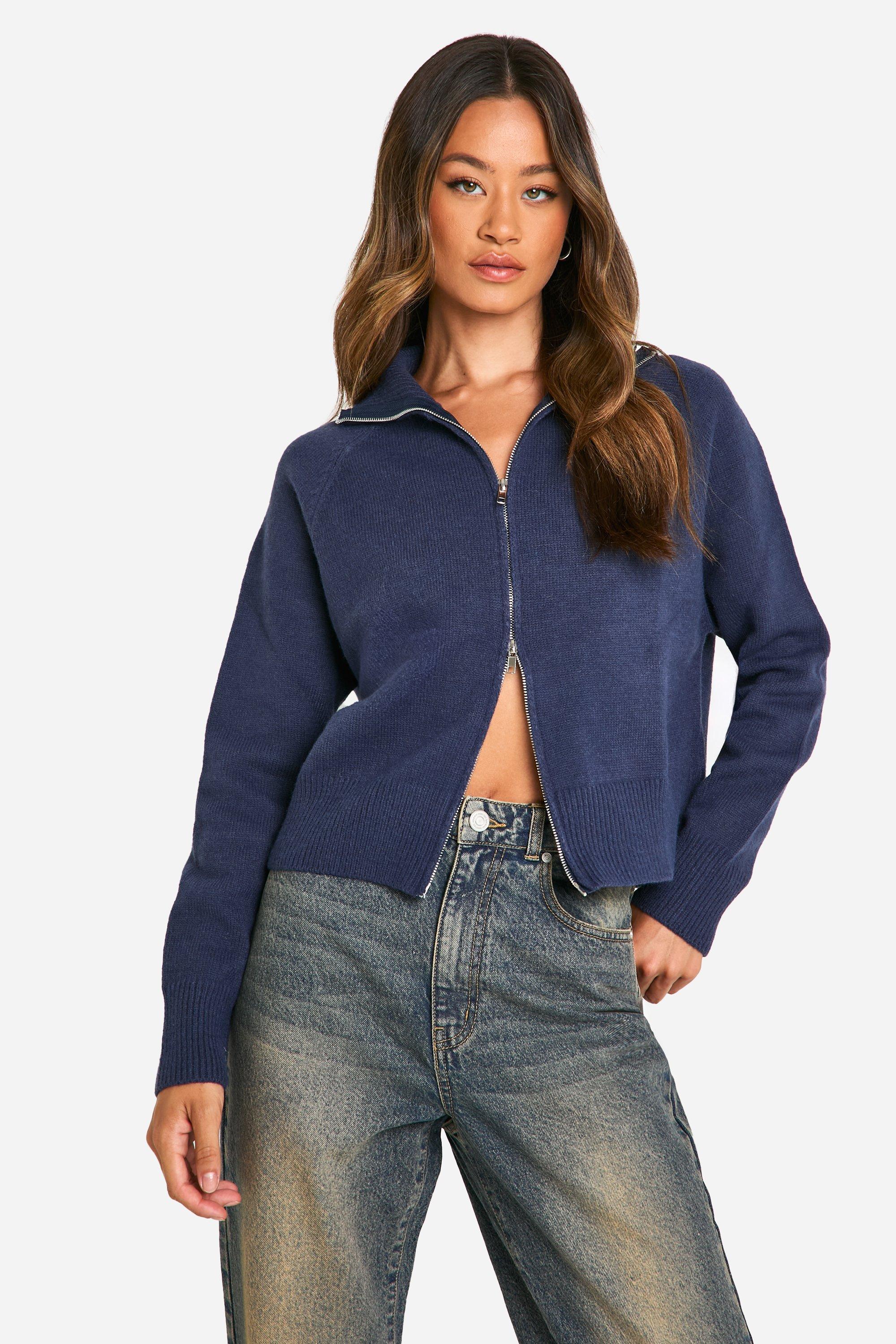 Boohoo Tall Cardigan Met Hoge Kraag En Rits, Navy