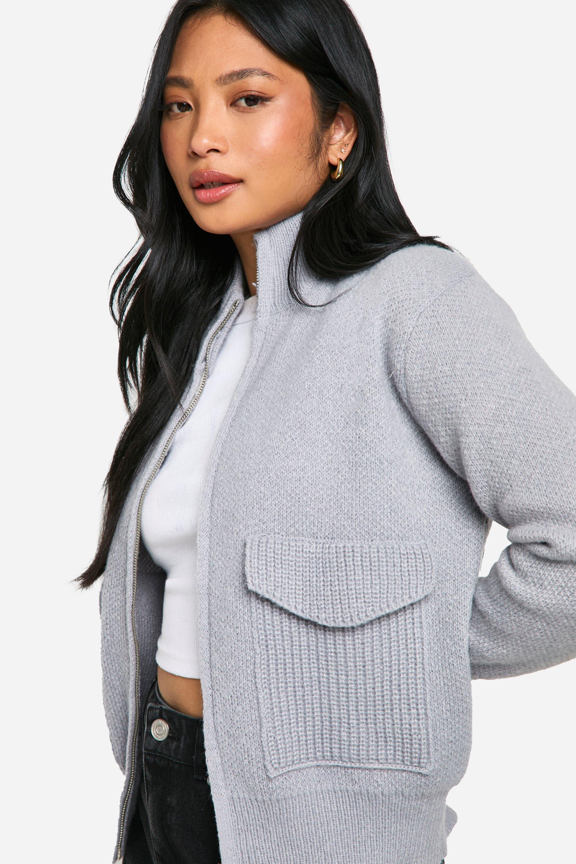 Boohoo Petite Gebreide Cardigan Met Rits, Grey