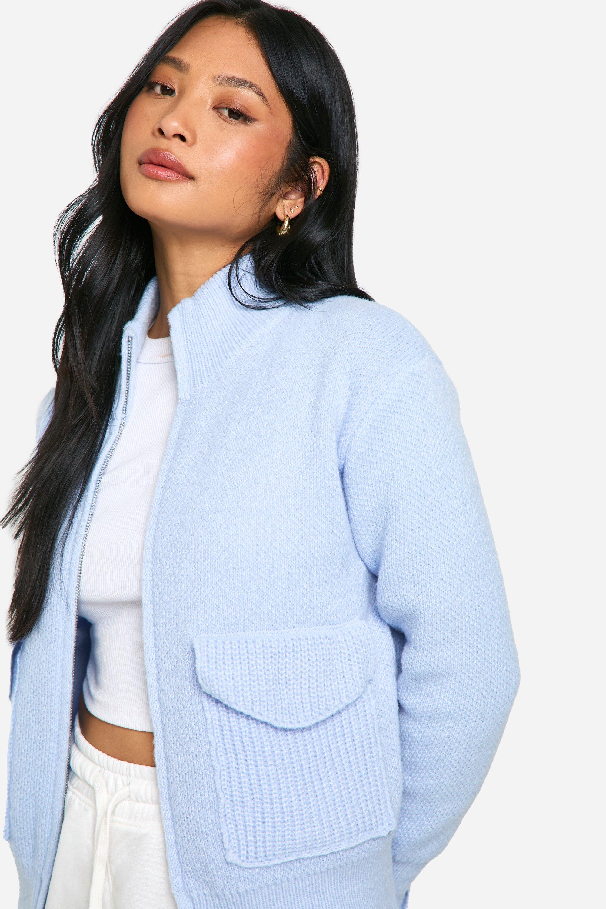 Boohoo Petite Gebreide Cardigan Met Rits, Light Blue