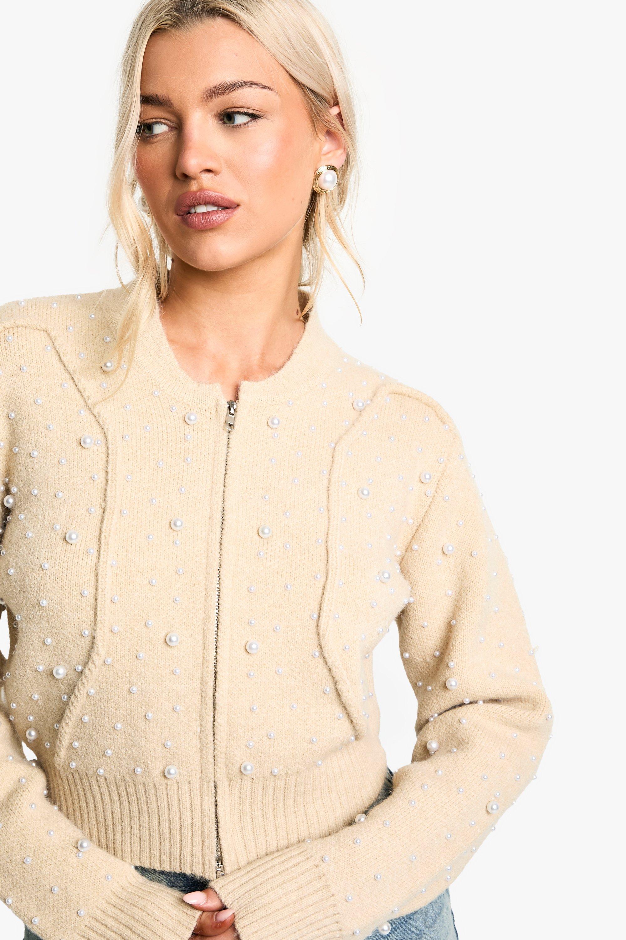 Boohoo Gebreid Bomberjack Met Parel Detail En Rits, Beige