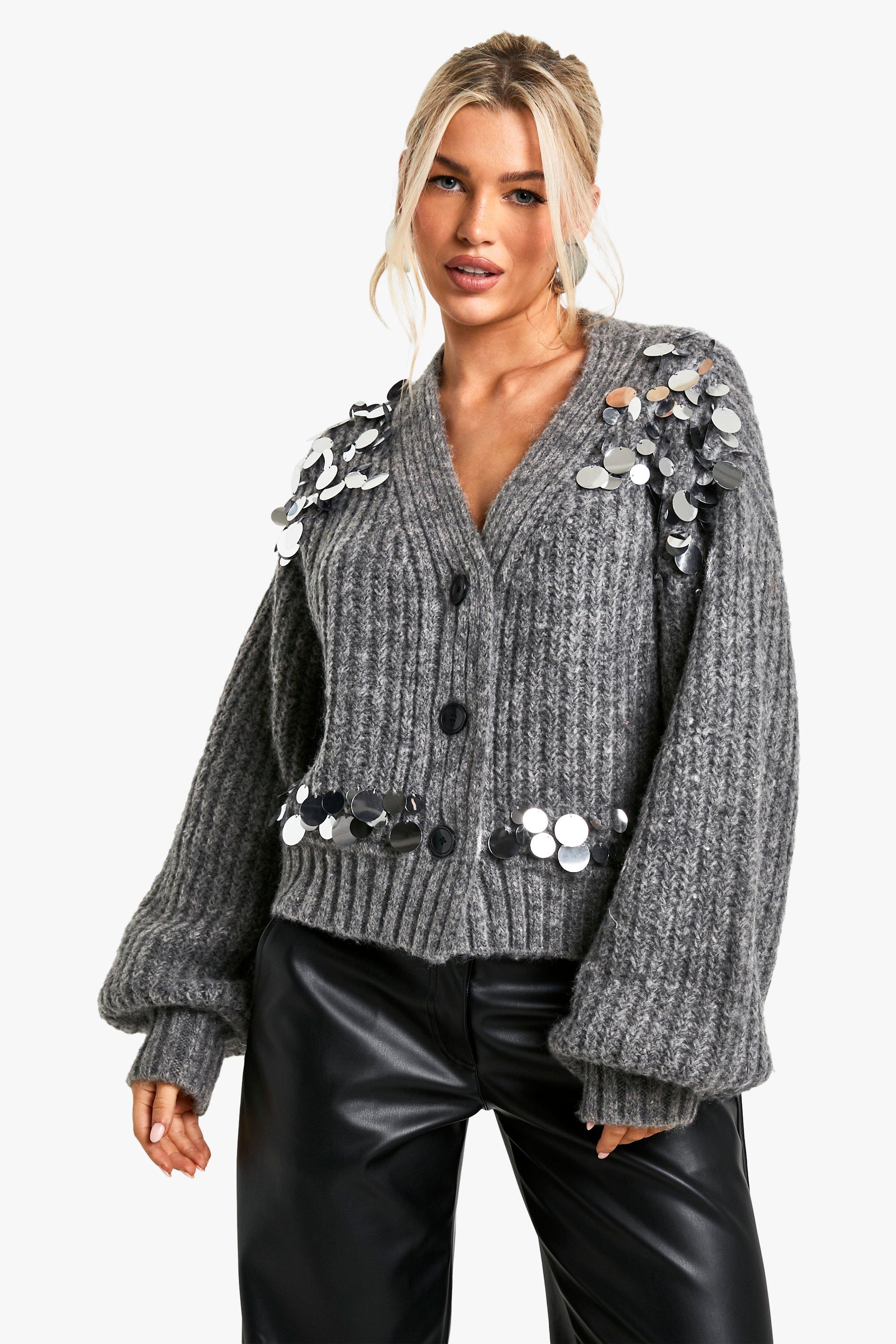 Boohoo Dikke Gebreide Glitter Cardigan Met Pailletten, Grey