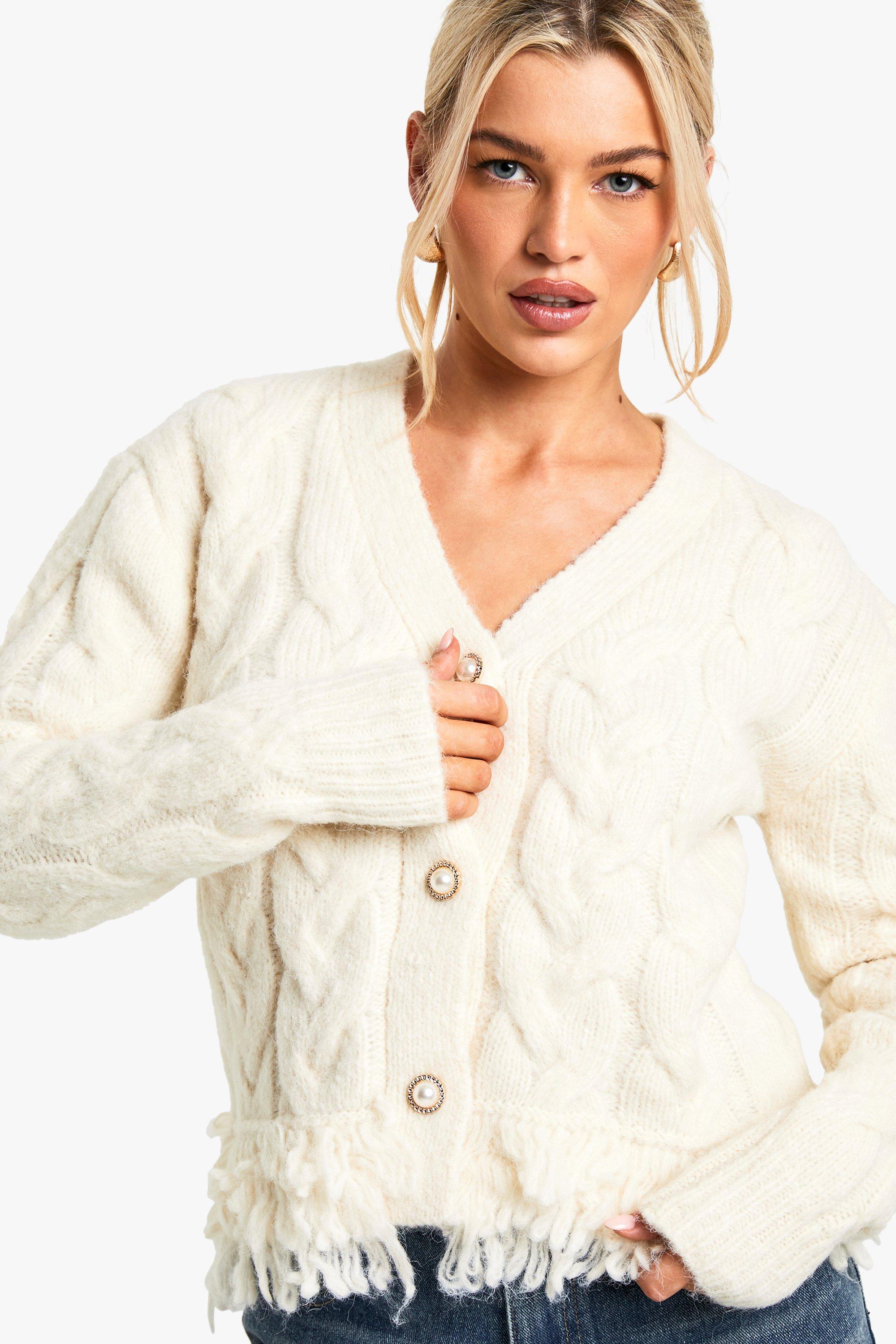 Boohoo Premium Grof Gebreide Gerafelde Cardigan, Cream