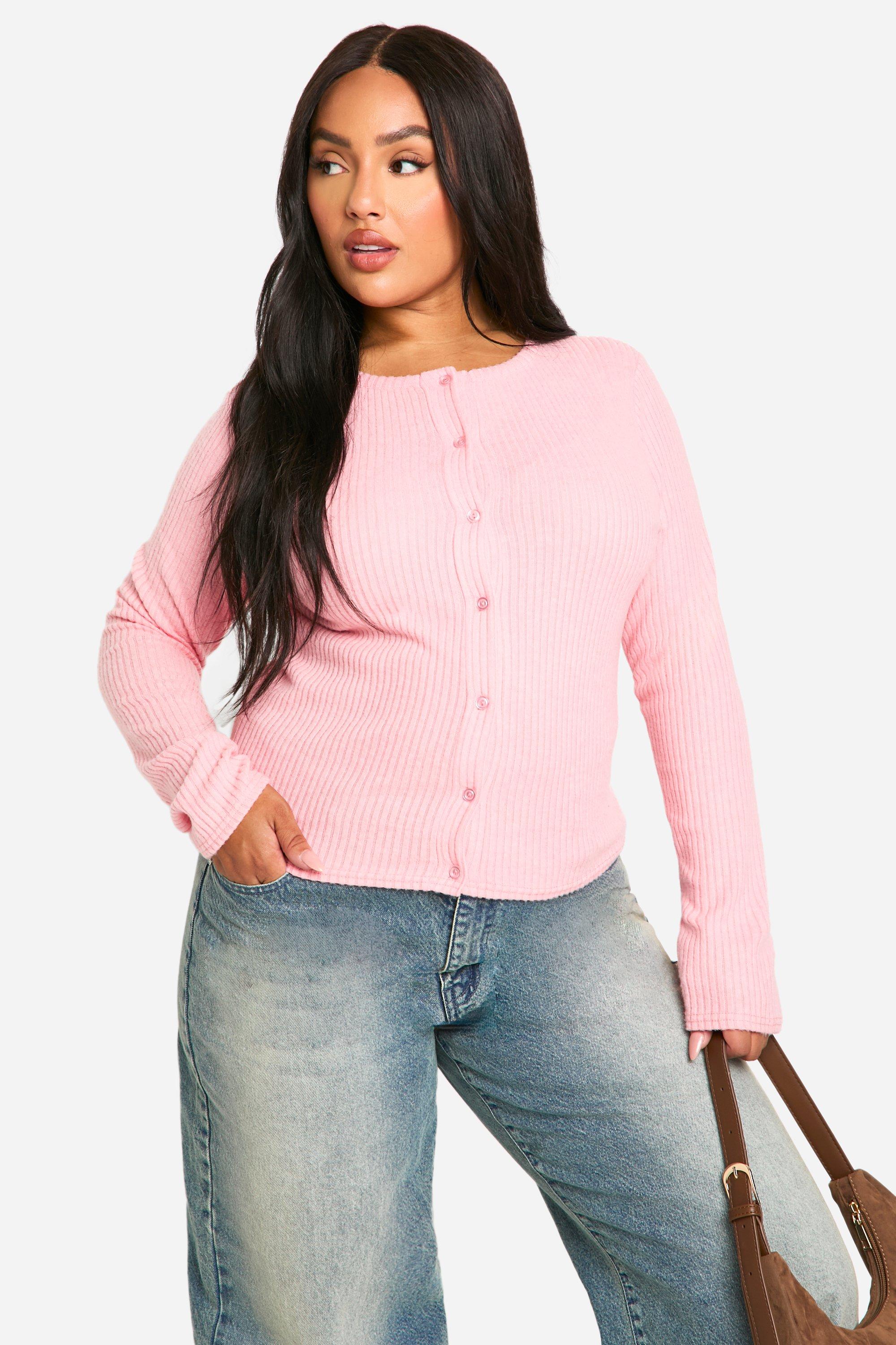 Boohoo Plus Geborstelde Geribbelde Cardigan Met Knopen, Baby Pink