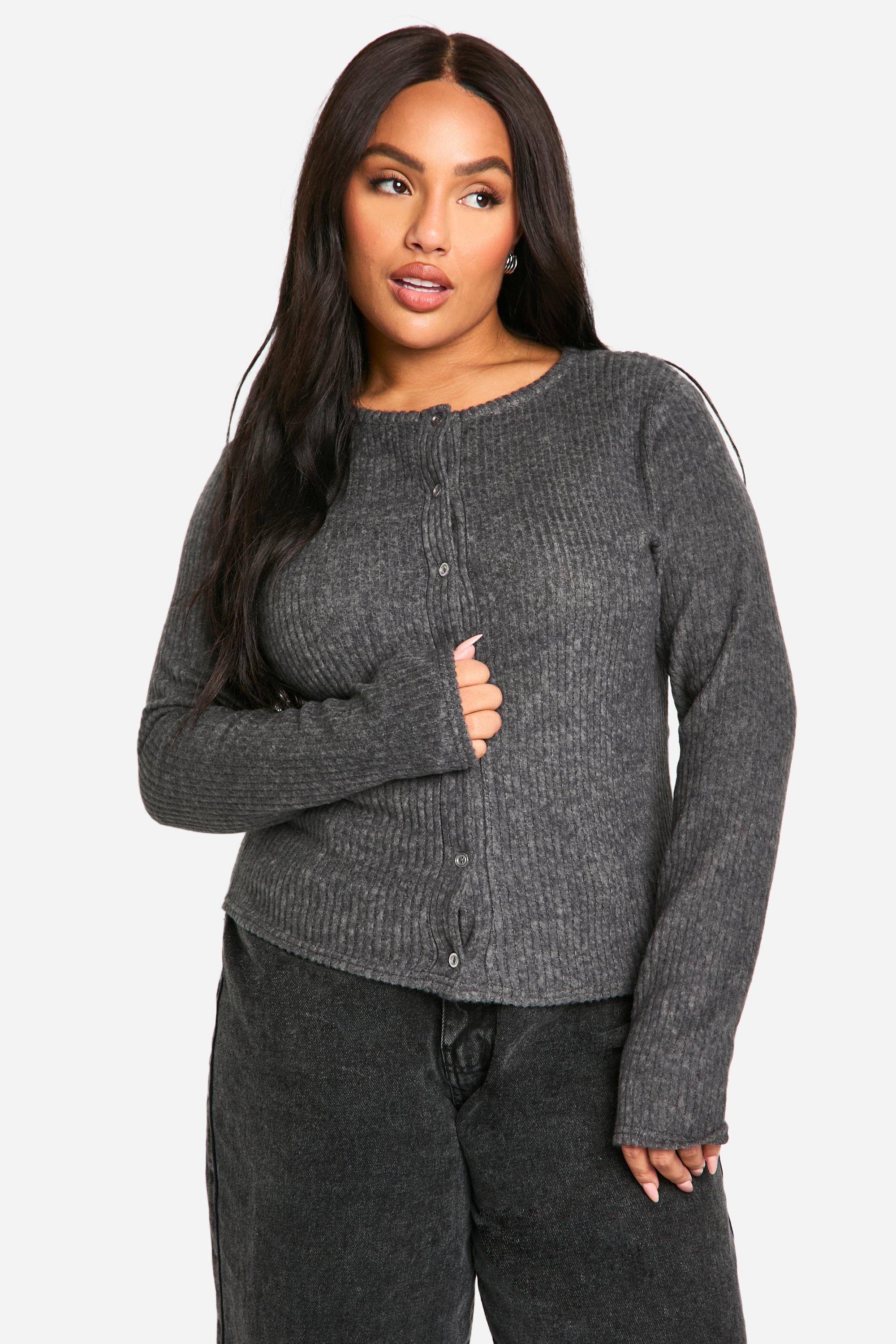 Boohoo Plus Geborstelde Geribbelde Cardigan Met Knopen, Charcoal