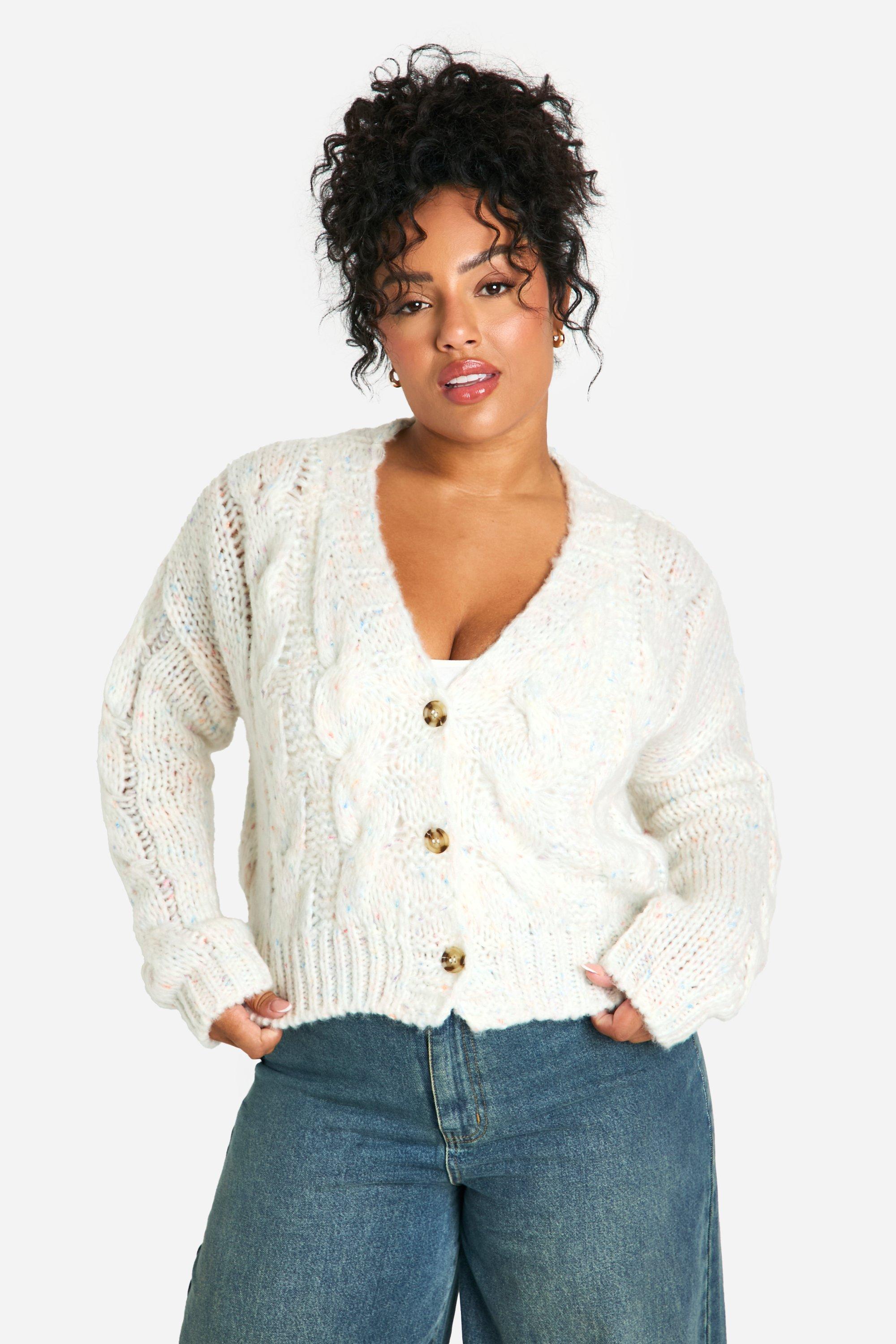 Boohoo Plus Gebreide Gespikkelde Cardigan, Cream