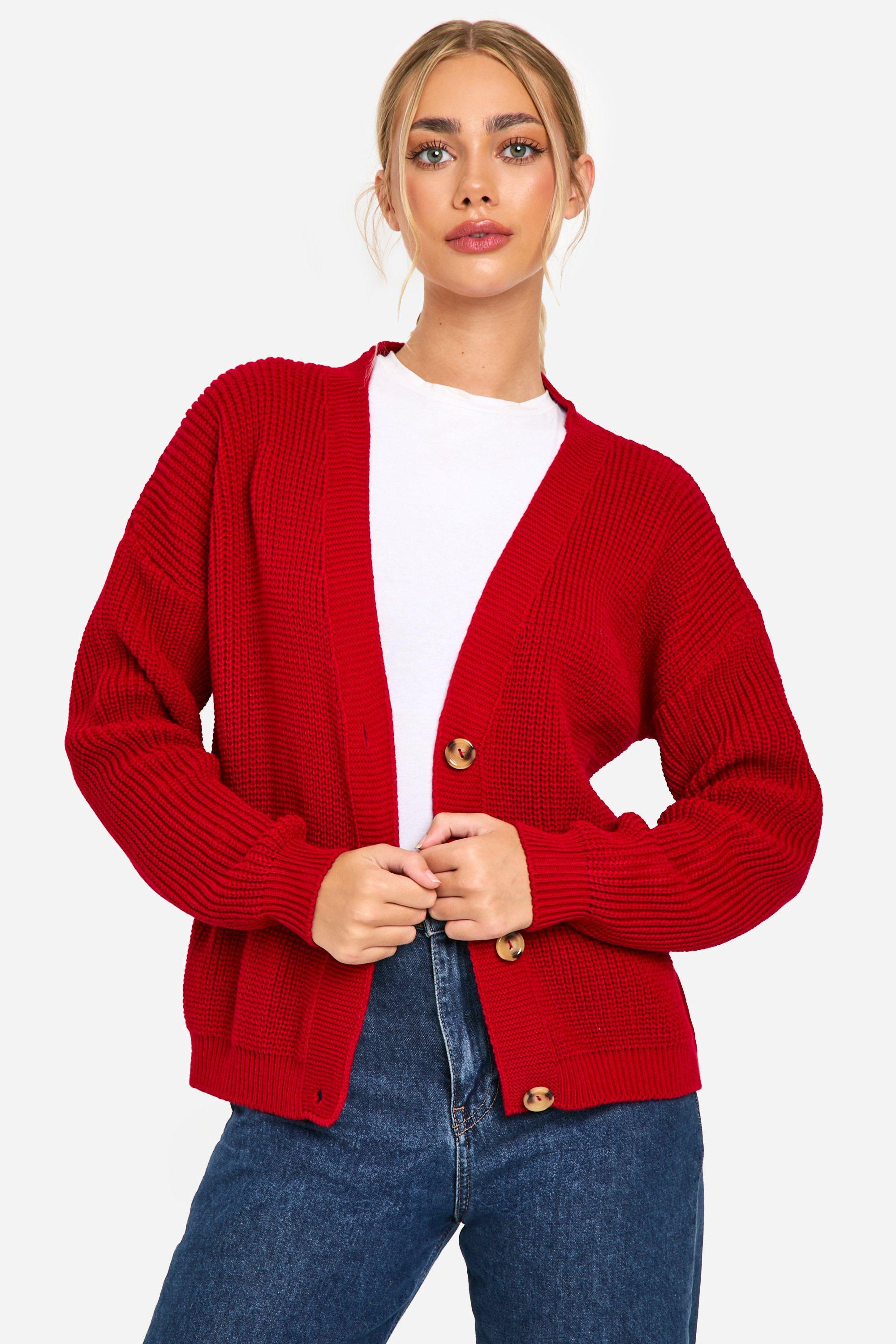 Boohoo Korte Dikke Gebreide Cardigan, Rich Red