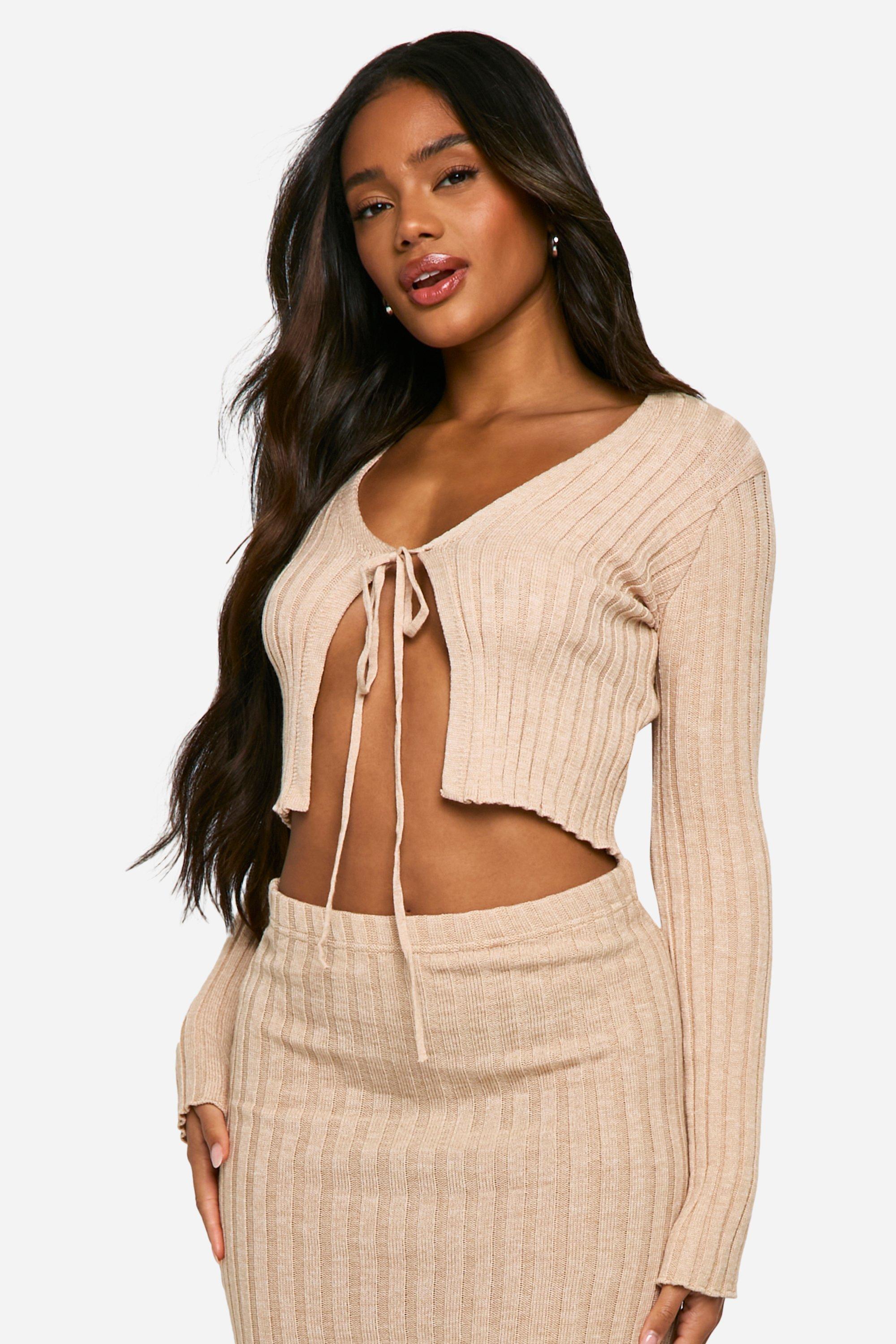 Boohoo Geribbelde Gebreide Cardigan Met Strik, Camel