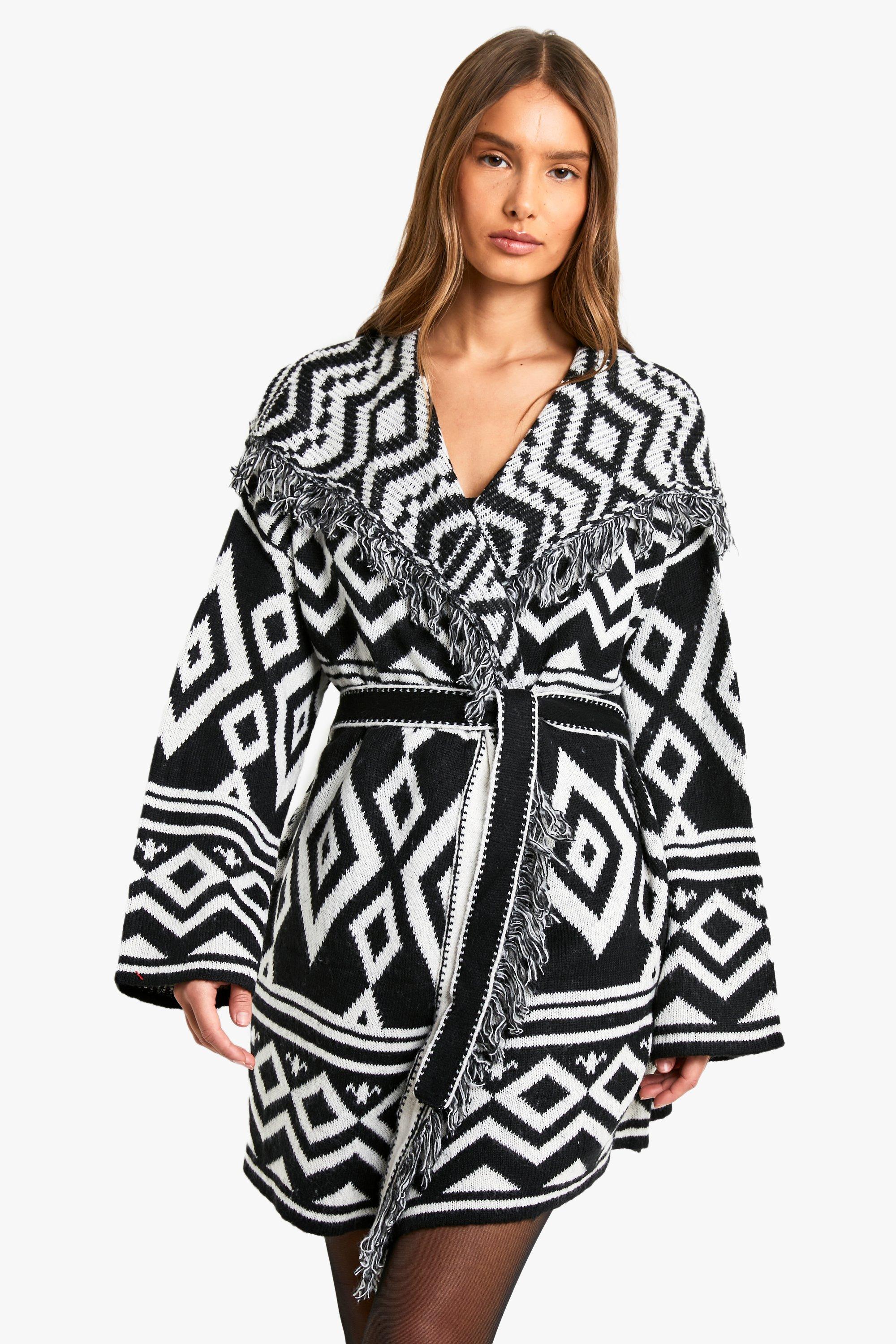 Boohoo Gebreide Aztec Long Line Cardigan Met Ceintuur, Black