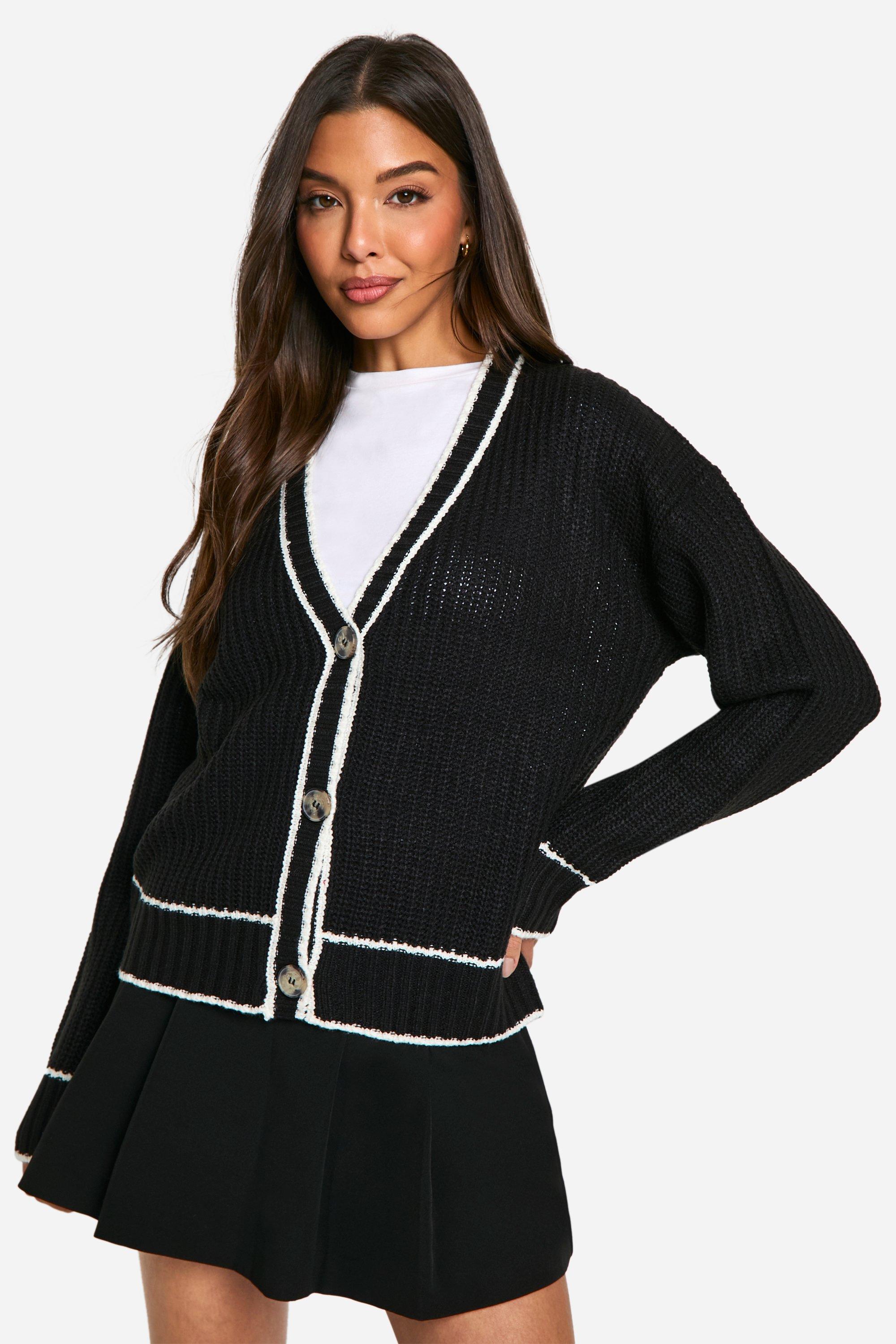 Boohoo Gebreide Vissers Cardigan Met Contrasterende Biezen, Black