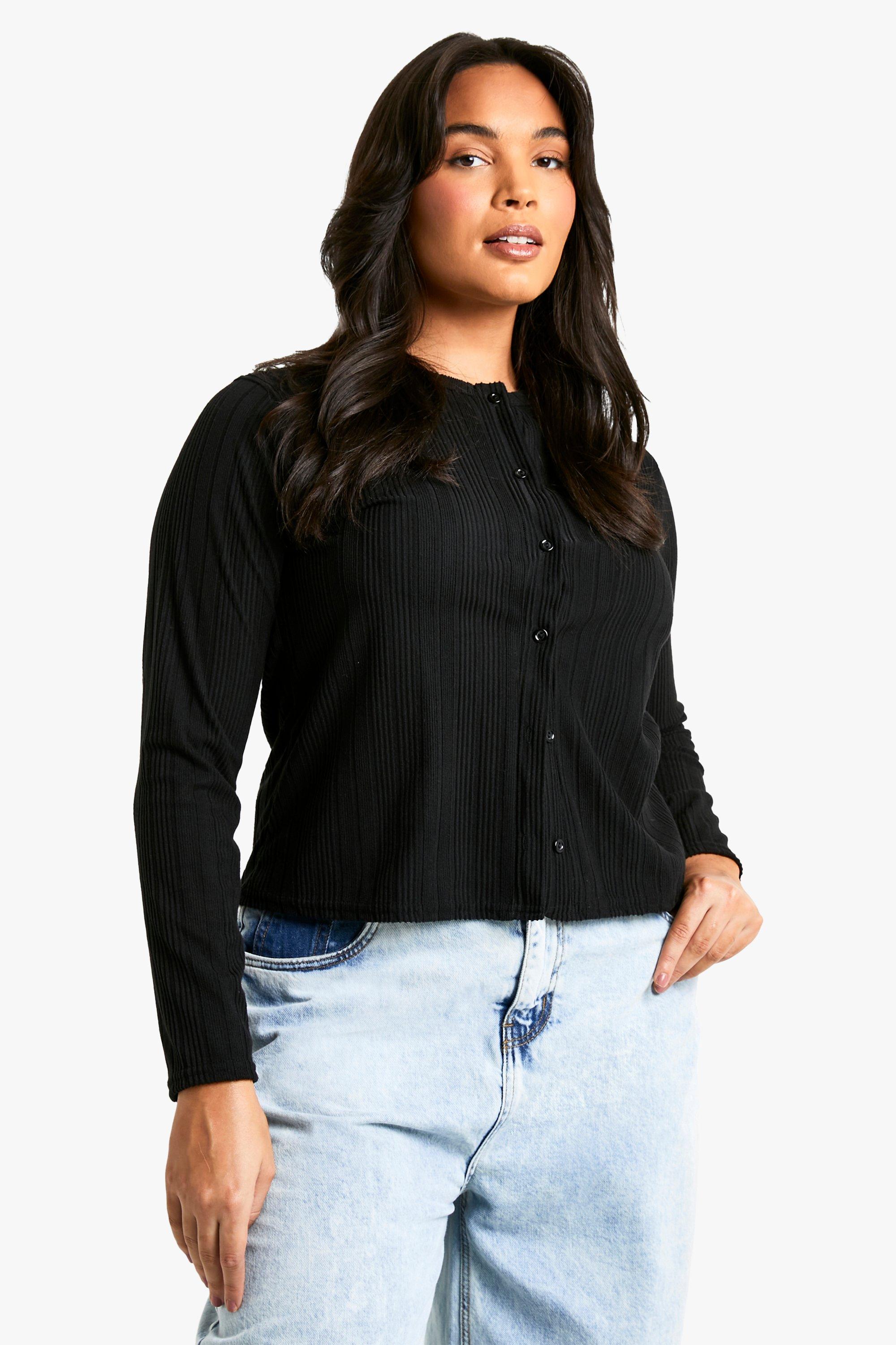 Boohoo Plus Geribbelde Cardigan Met Knopen, Black