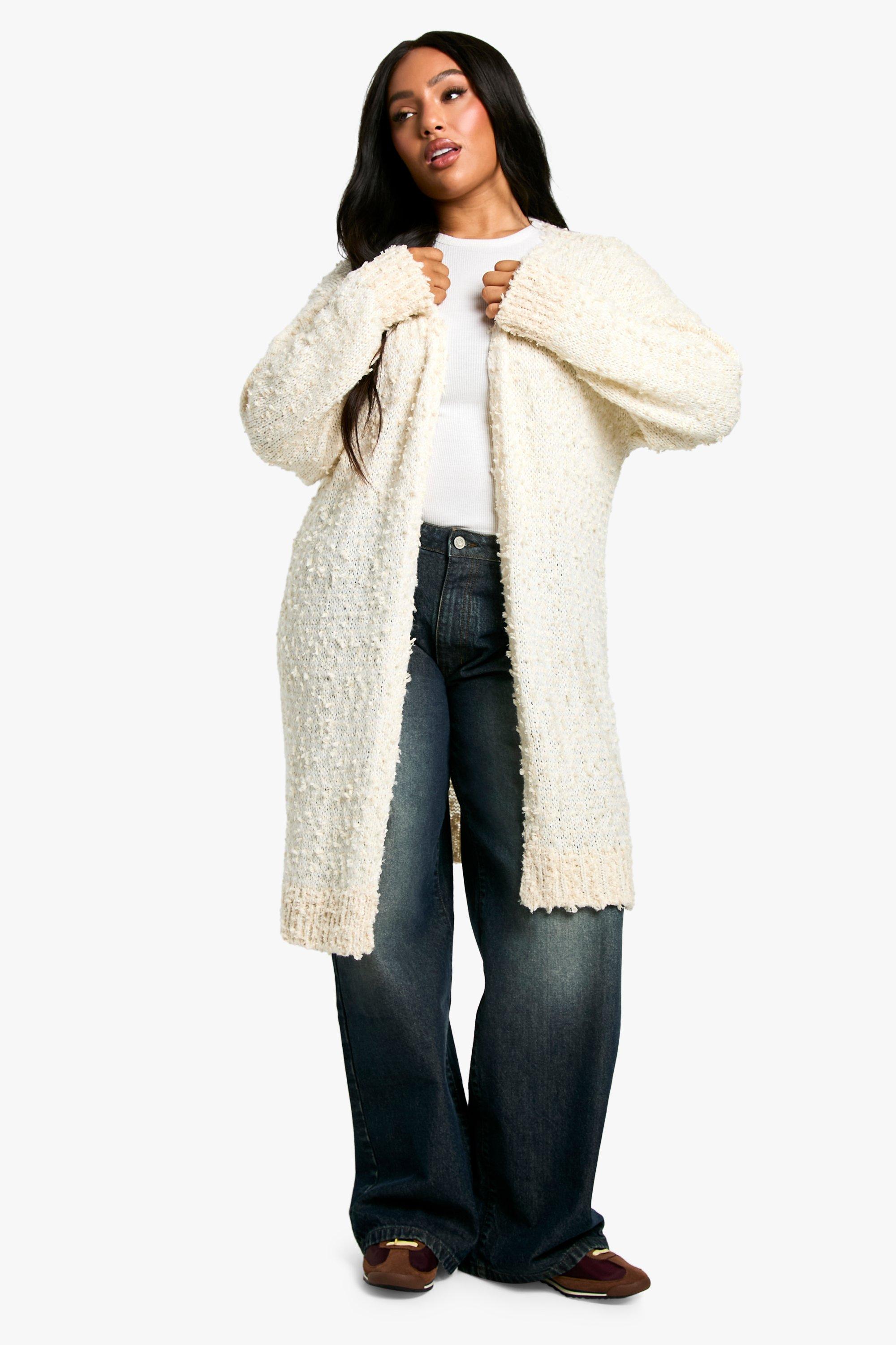 Boohoo Plus Midaxi Teddy Cardigan Met Textuur, Cream