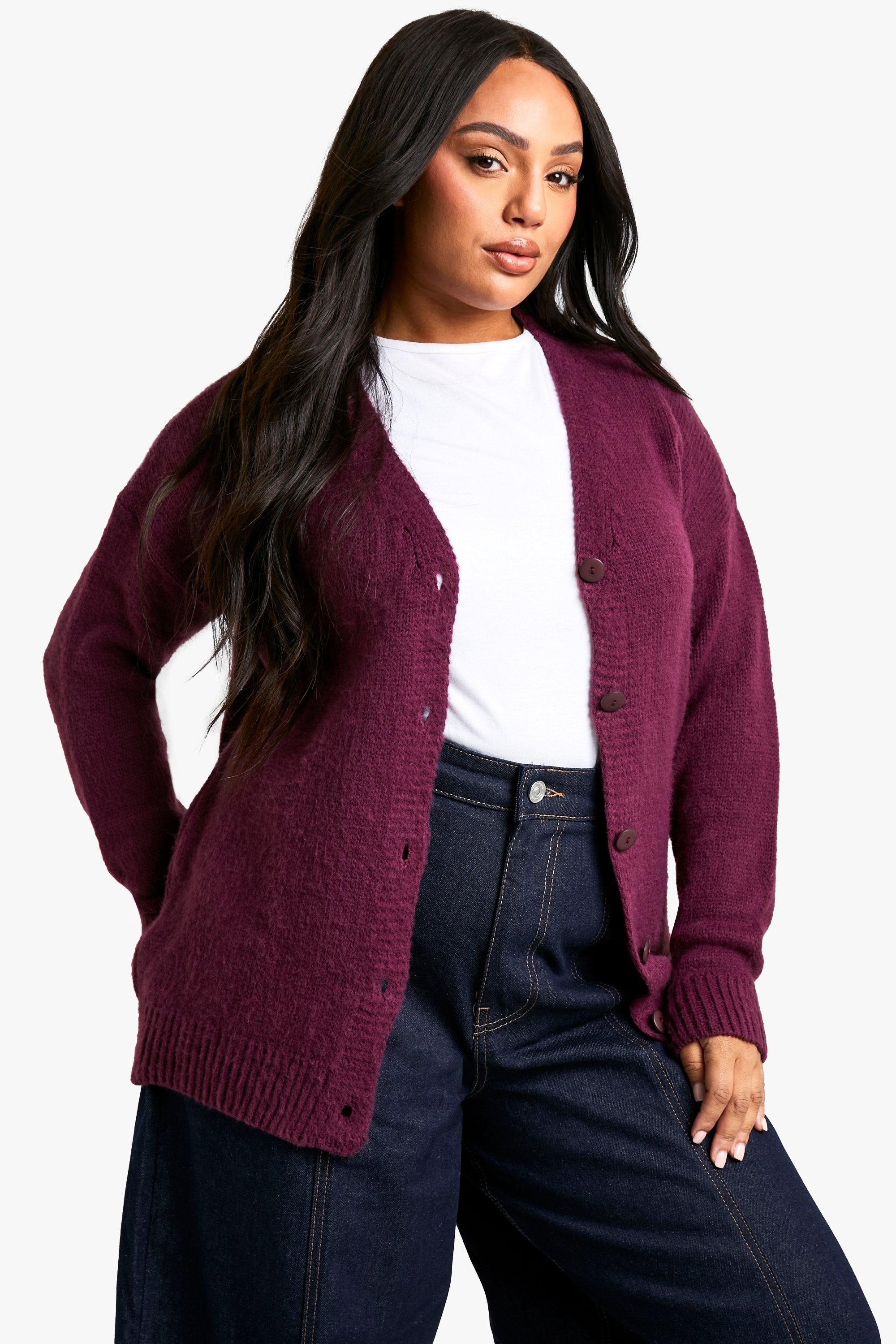 Boohoo Plus Geborstelde Long Line Cardigan, Plum