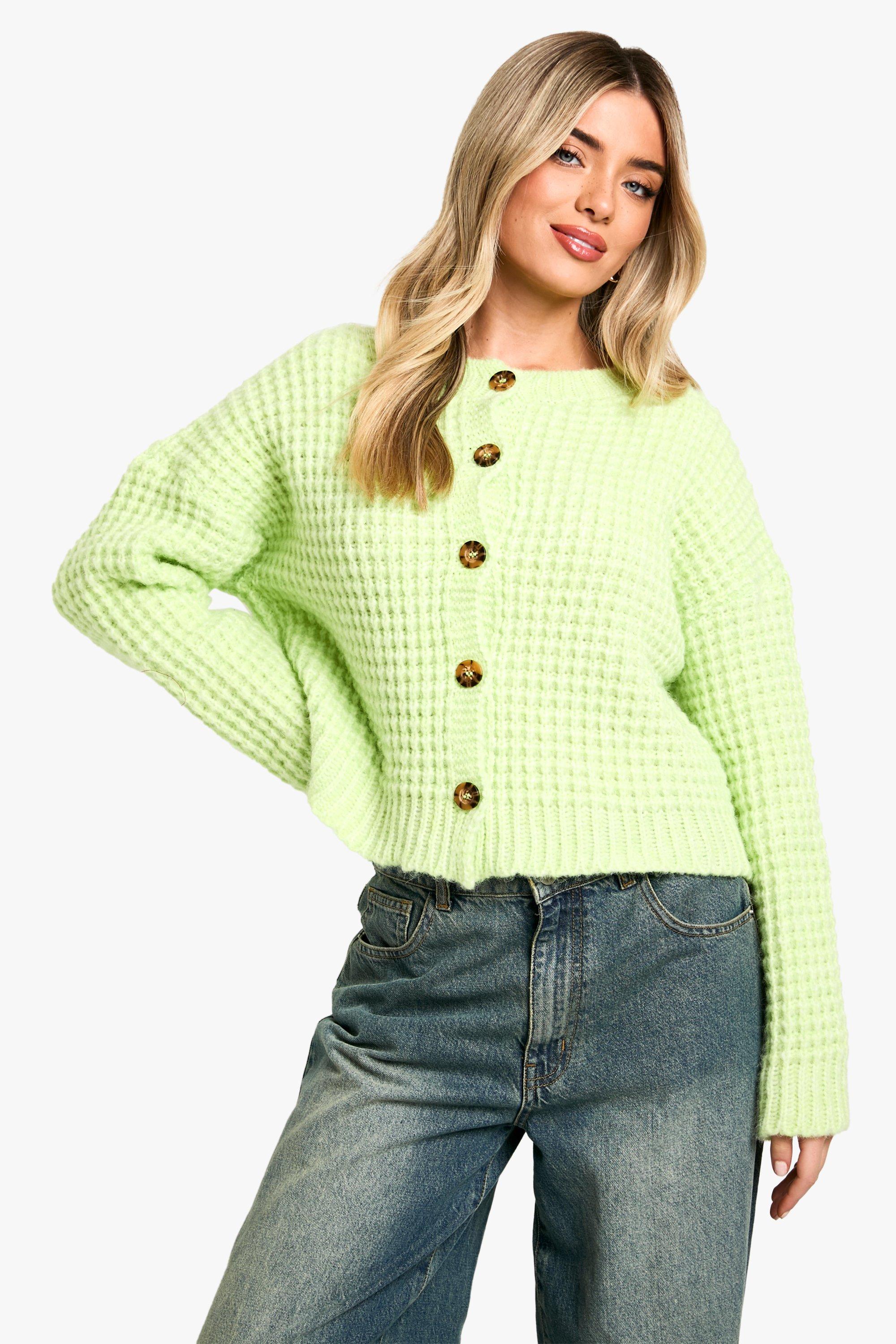 Boohoo Gebreide Premium Cardigan Met Dikke Stiksels En Knopen, Washed Lime