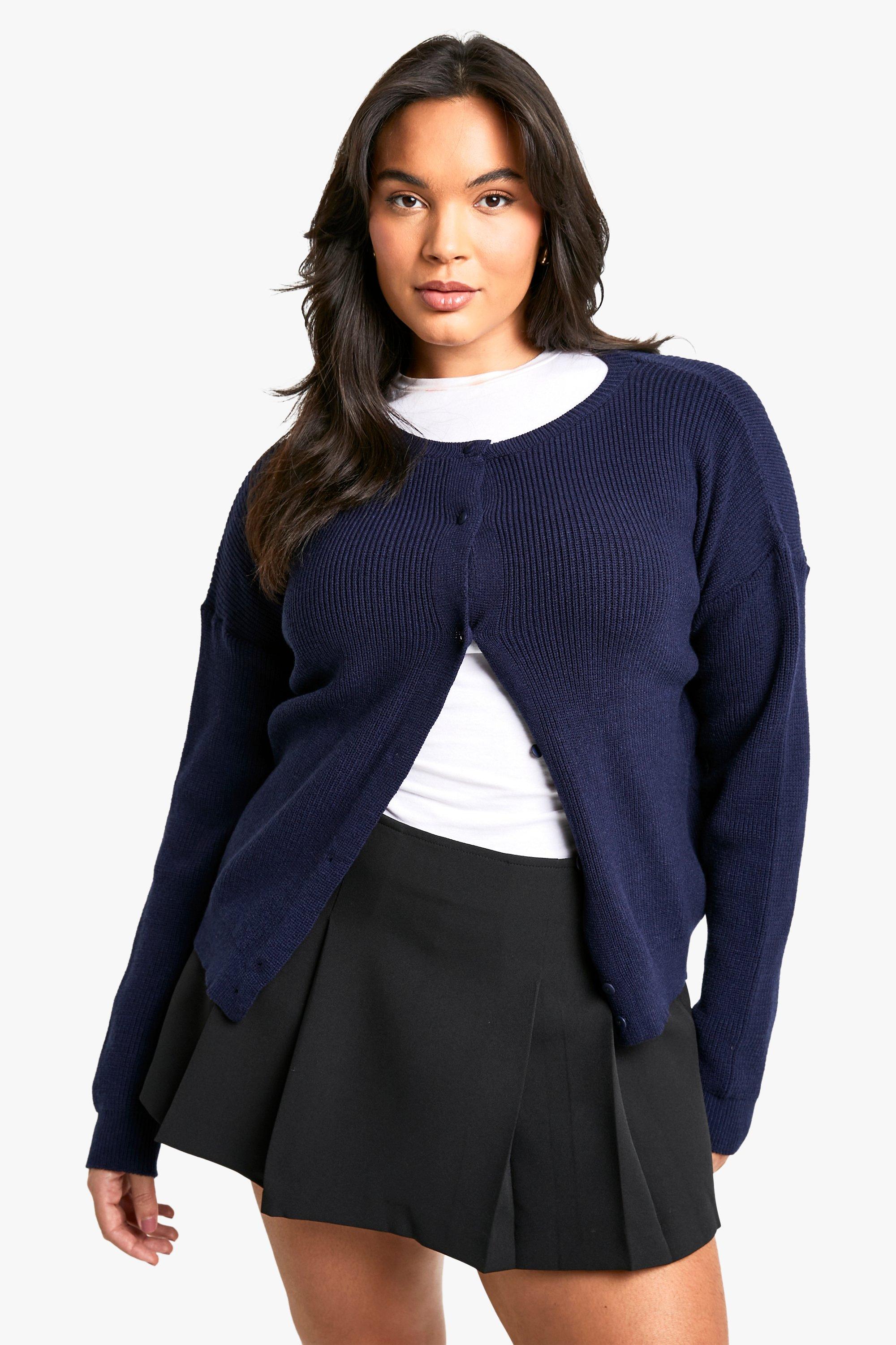 Boohoo Plus Fijn Gebreide Cardigan Met Crewneck, Navy