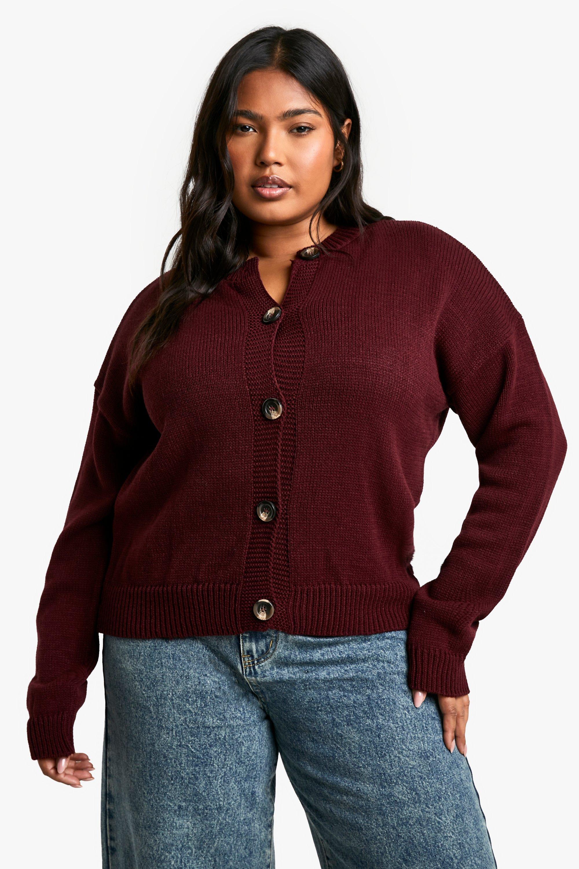 Boohoo Plus Zachte Gebreide Cardigan Met Crewneck, Plum