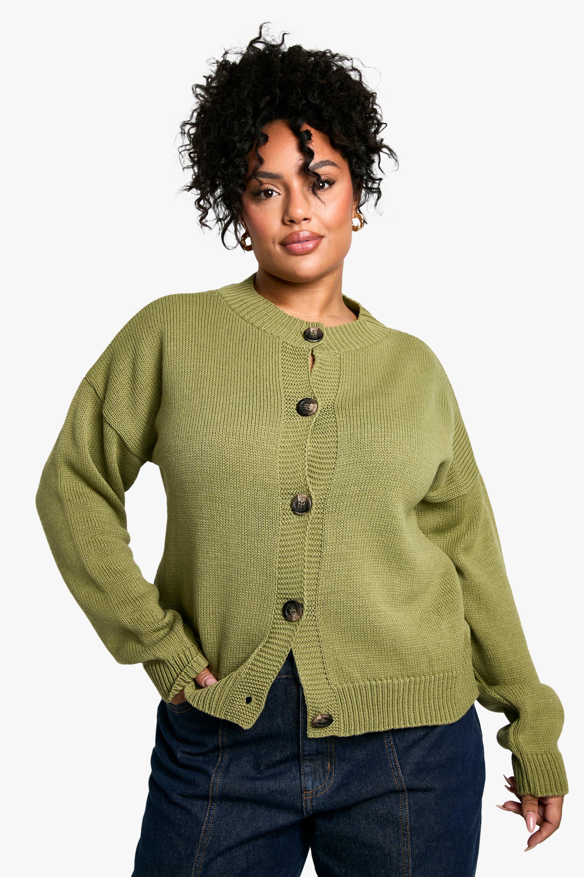 Boohoo Plus Zachte Gebreide Cardigan Met Crewneck, Khaki