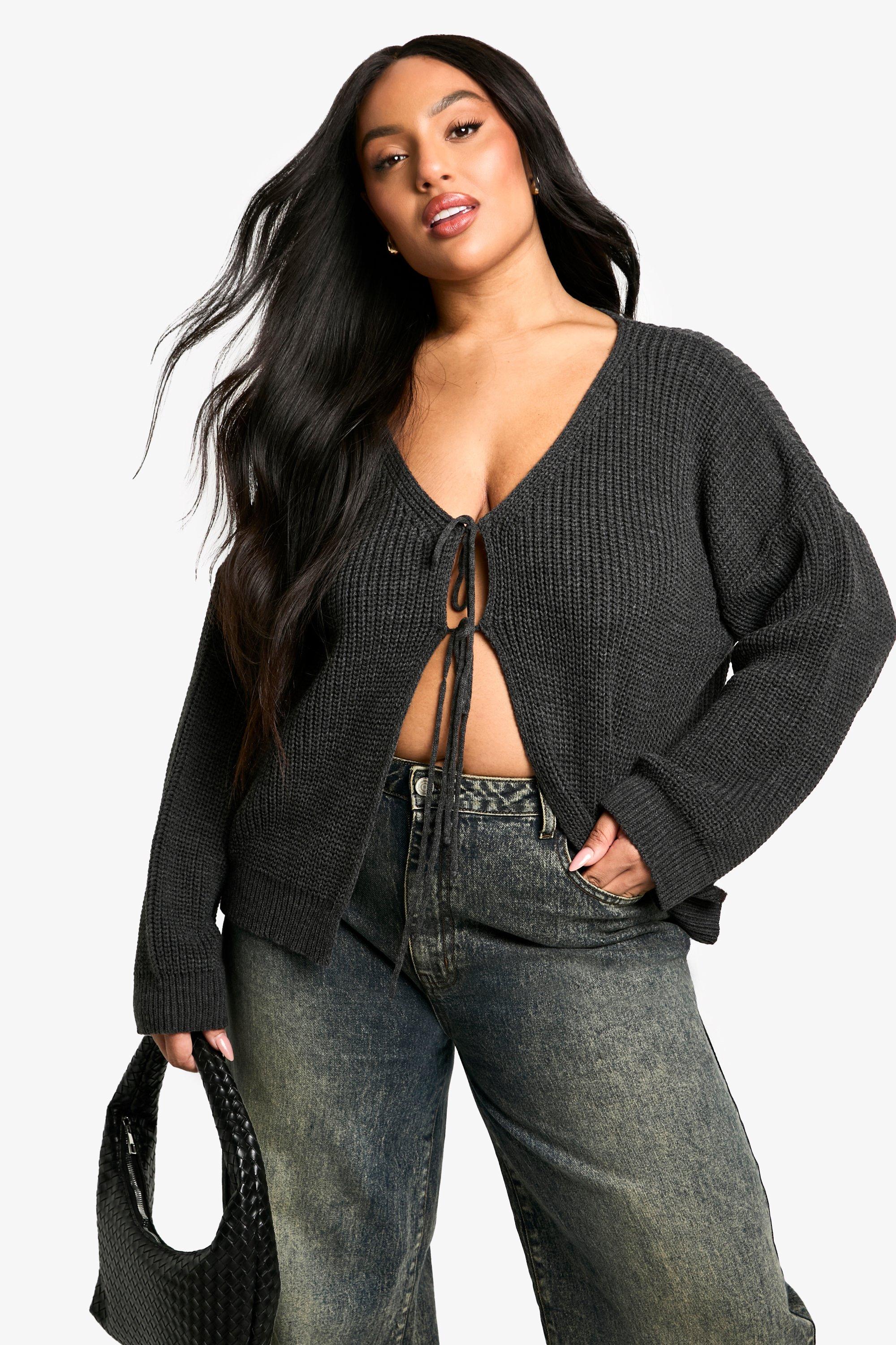 Boohoo Plus Oversized Zachte Gebreide Cardigan Met Strik, Charcoal