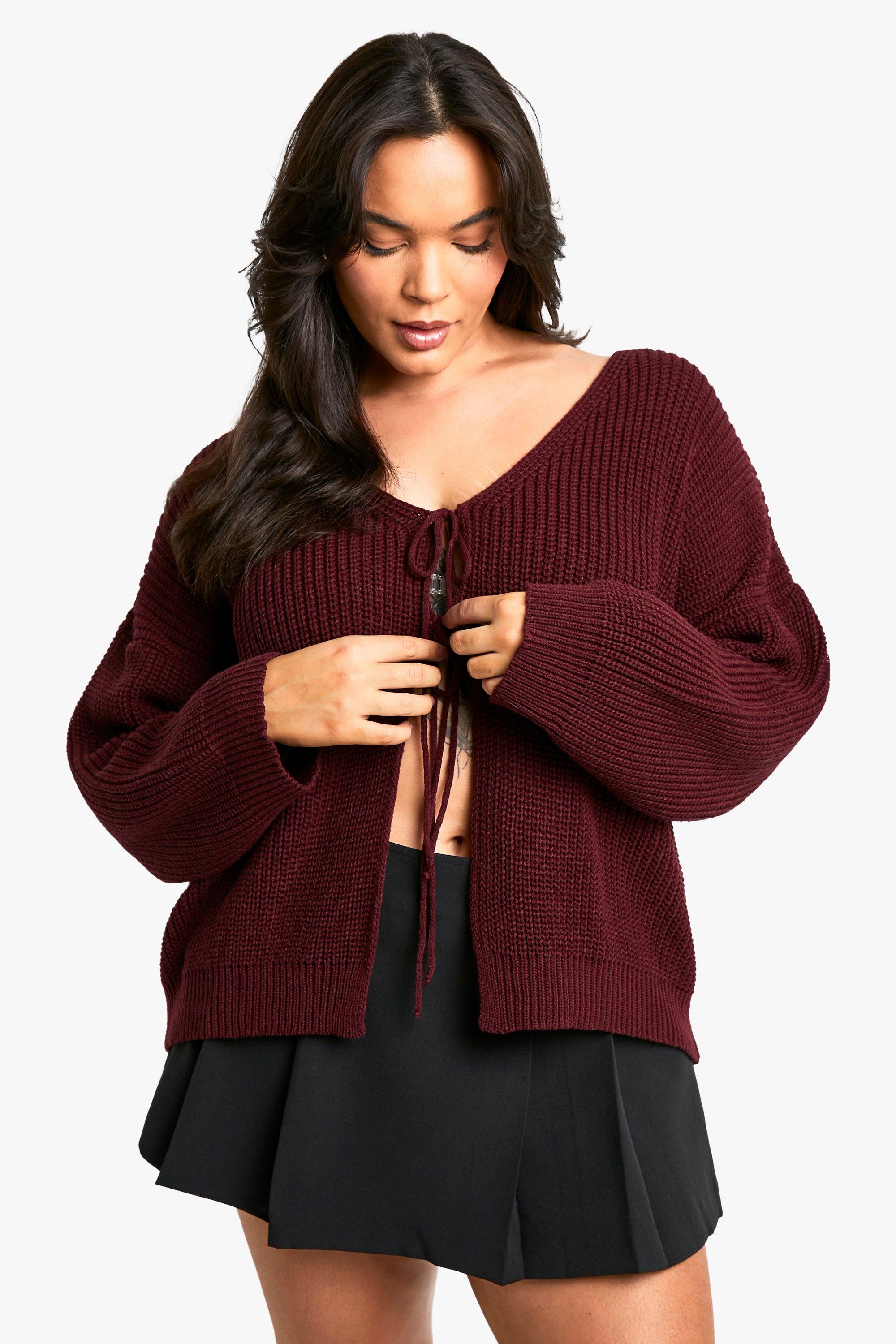 Boohoo Plus Oversized Zachte Gebreide Cardigan Met Strik, Burgundy