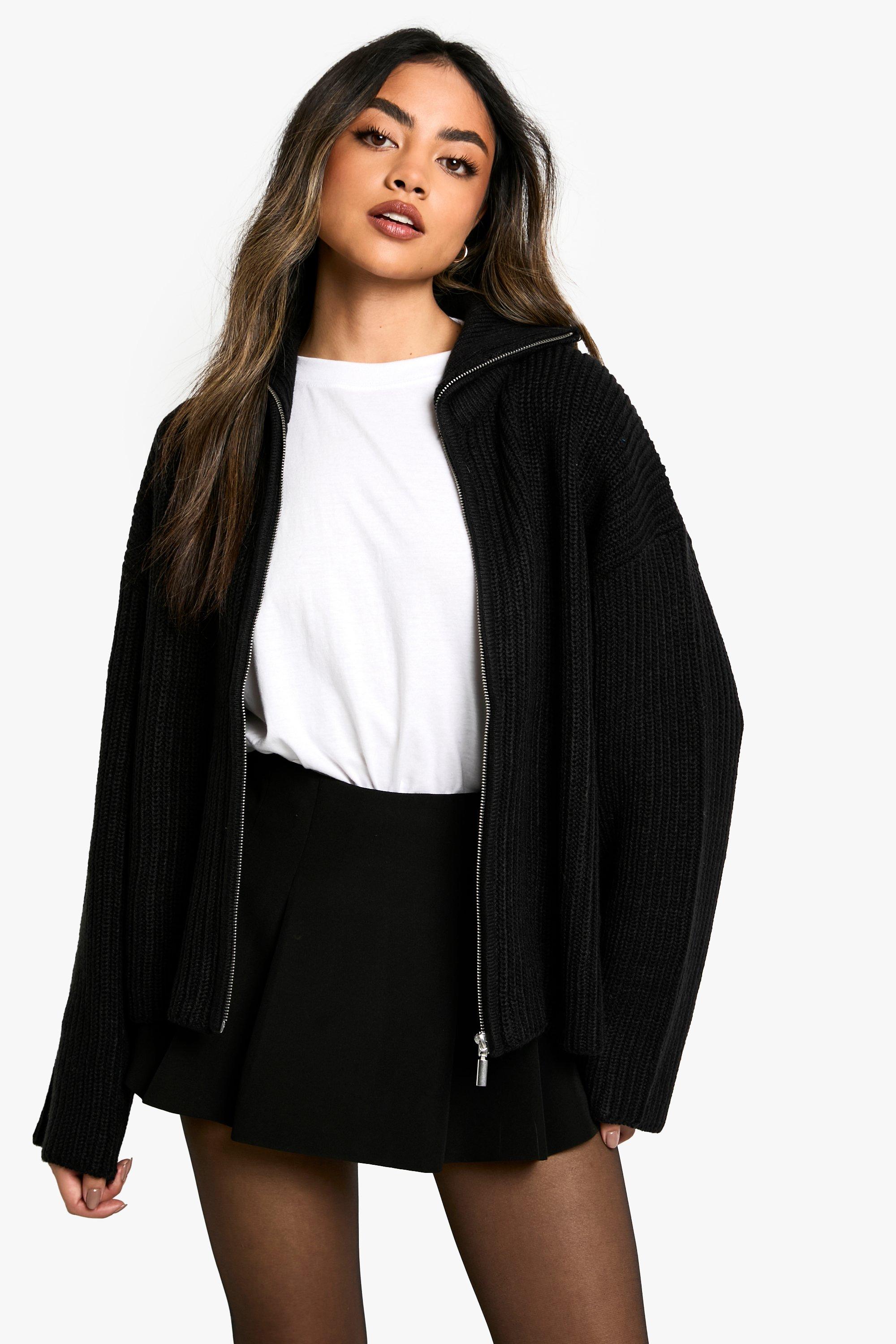 Boohoo Dikke Gebreide Cardigan Met Rits, Black