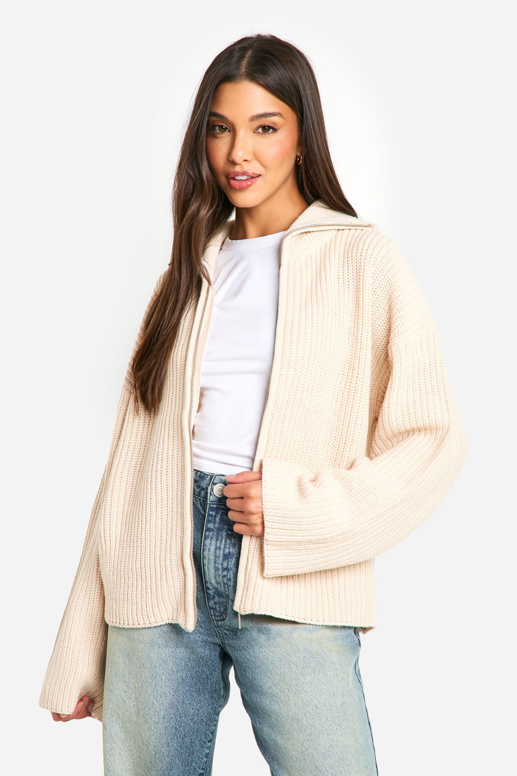 Boohoo Dikke Gebreide Cardigan Met Rits, Stone