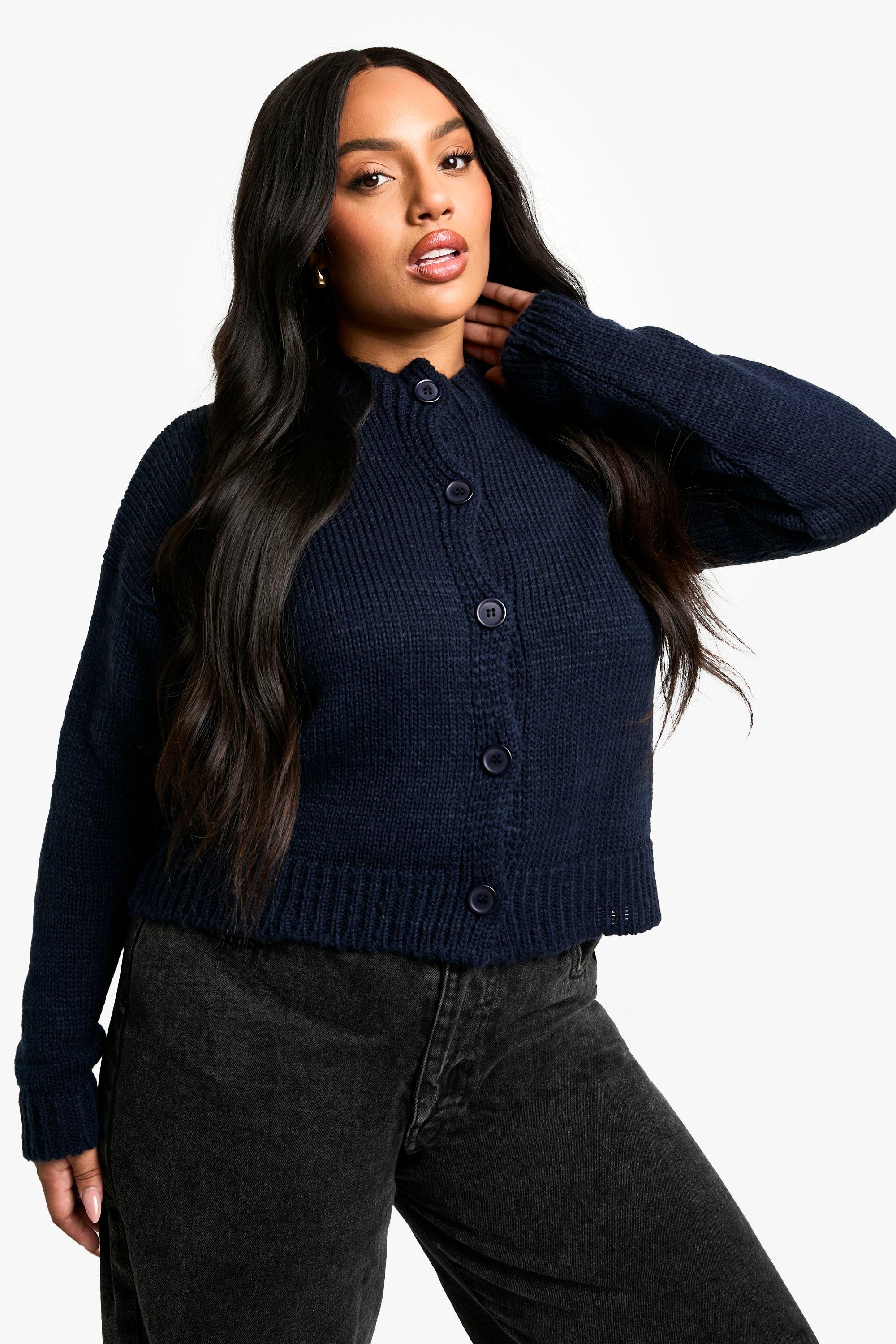 Boohoo Plus Cardigan Met Crewneck En Knopen, Navy