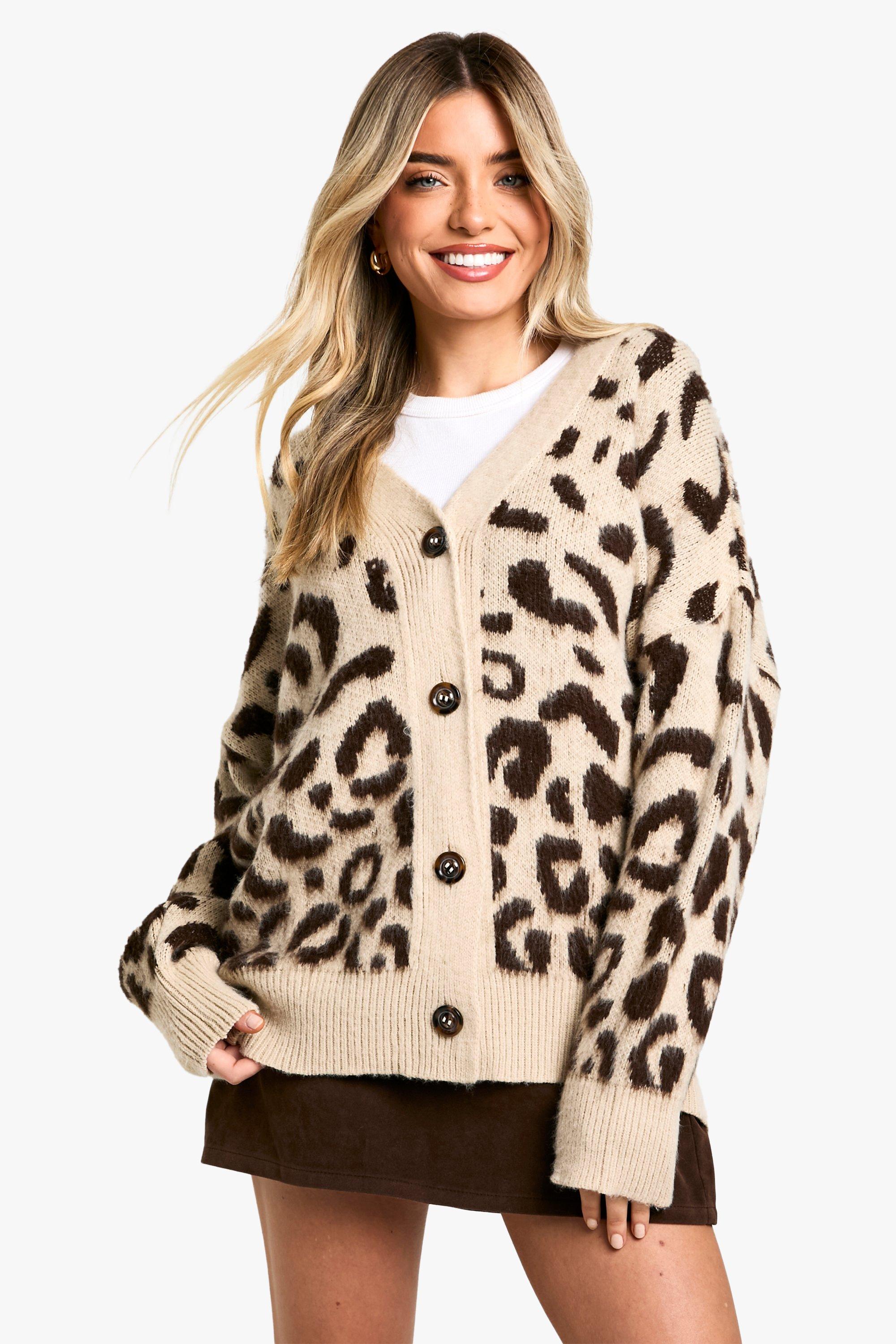 Boohoo Geborstelde Gebreide Luipaardprint Boyfriend Cardigan, Leopard