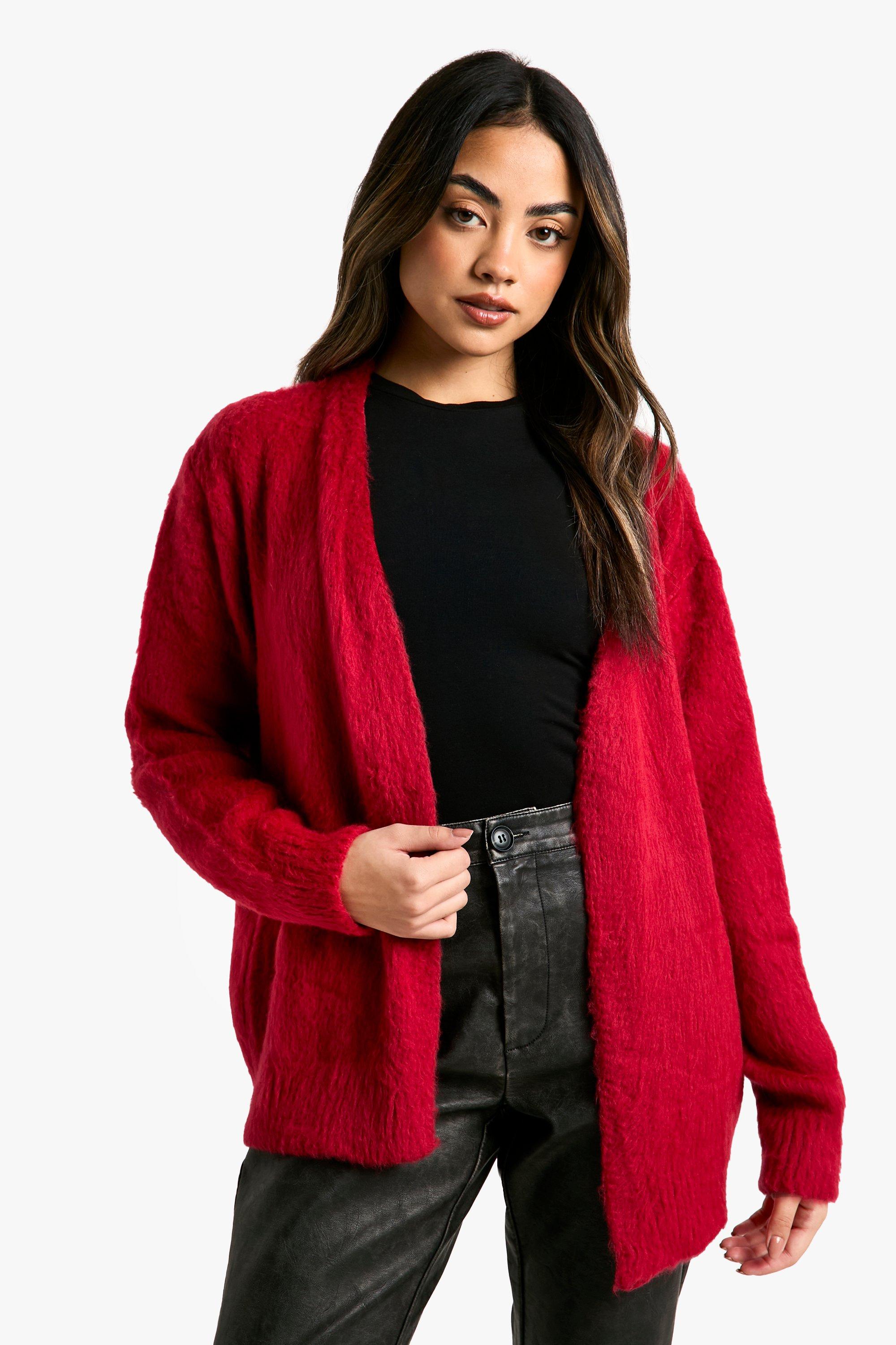 Boohoo Geborstelde Gebreide Edge To Edge Cardigan, Red