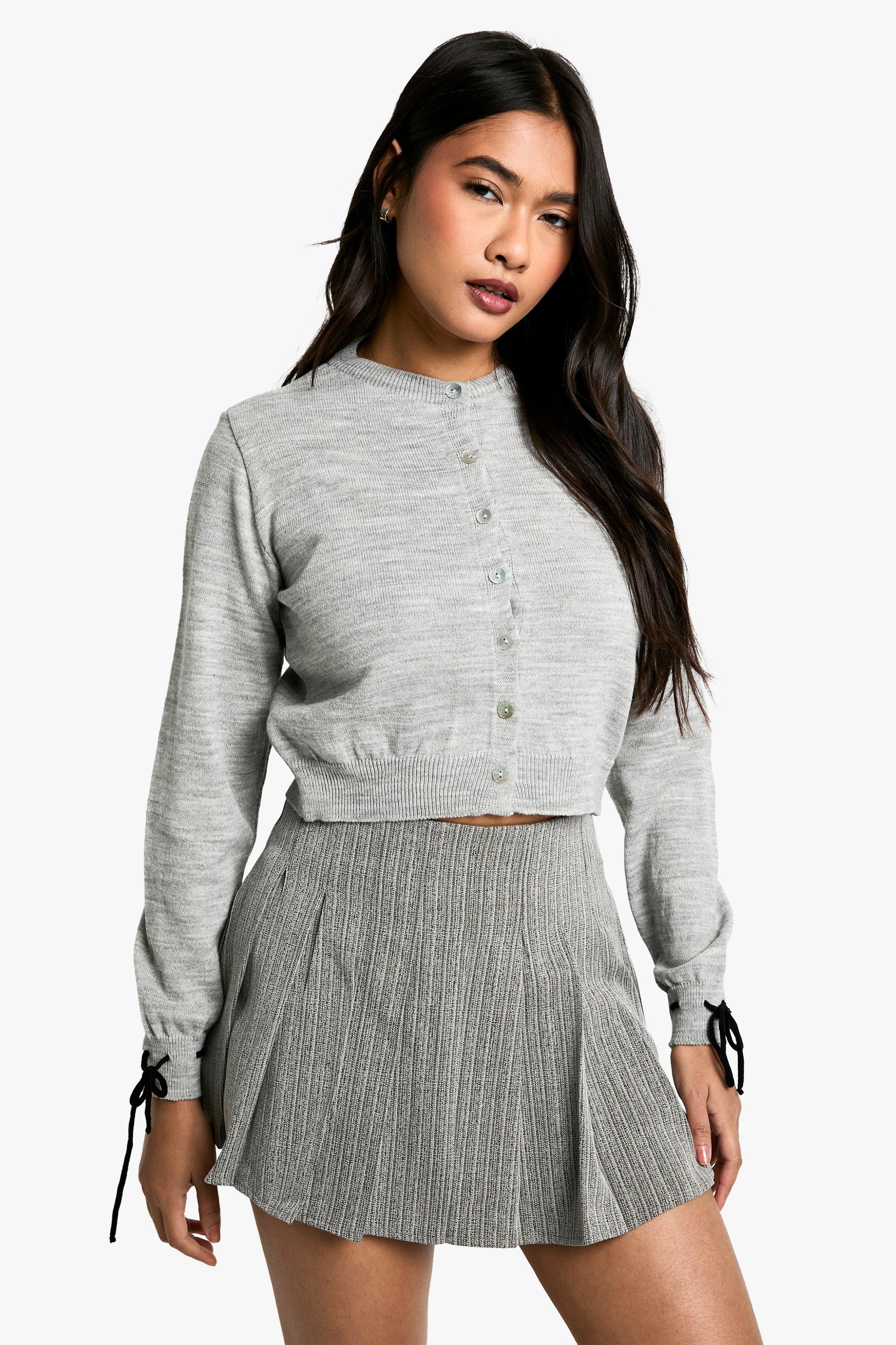 Boohoo Fijn Gebreide Cardigan Met Strik, Charcoal