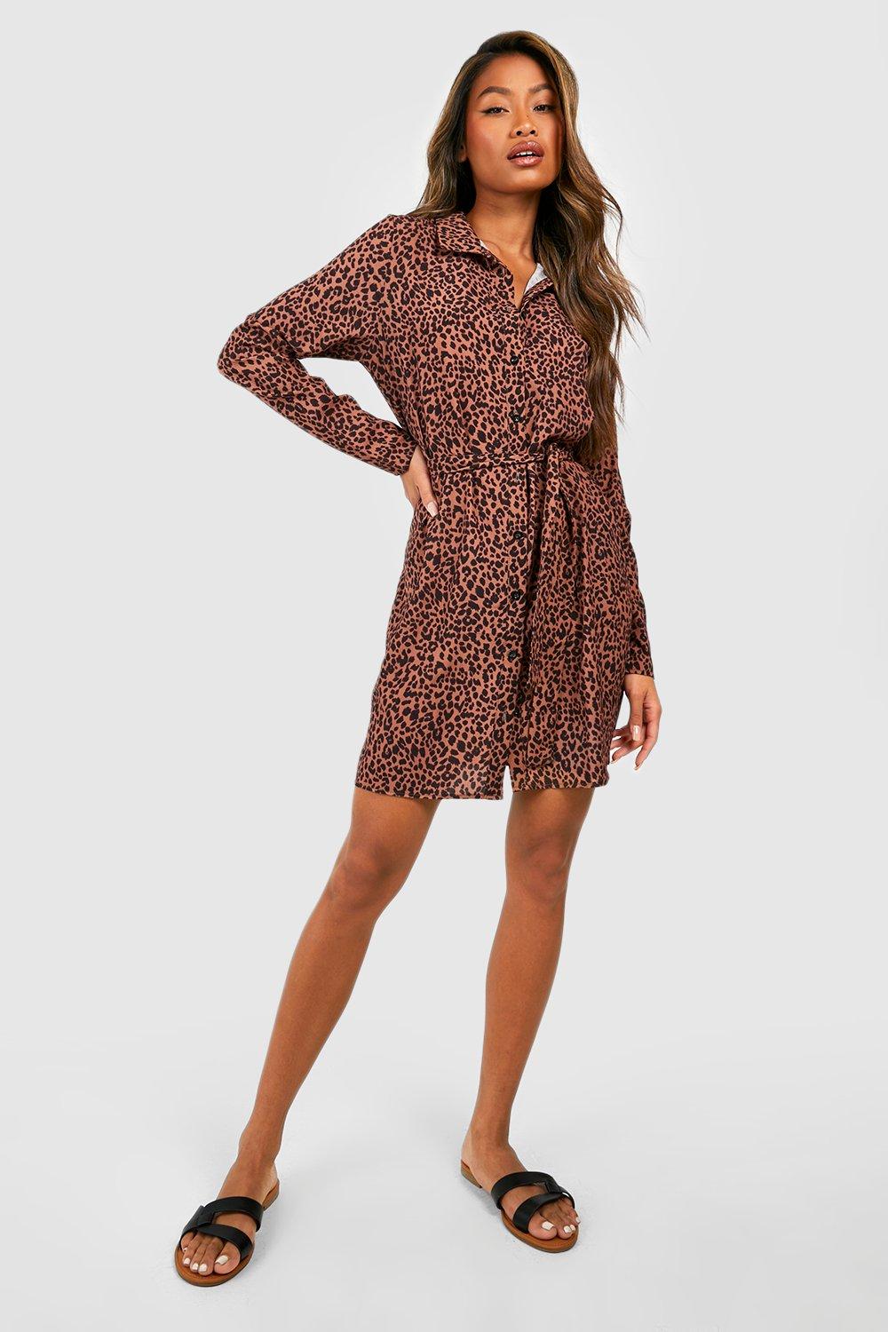 Boohoo Dierenprint Blouse Jurk, Geelbruin