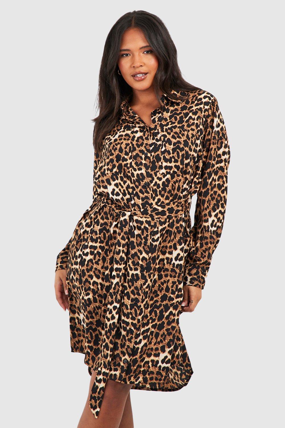 Boohoo Plus Luipaardprint Blouse Jurk Met Vleermuismouwen En Ceintuur, Leopard