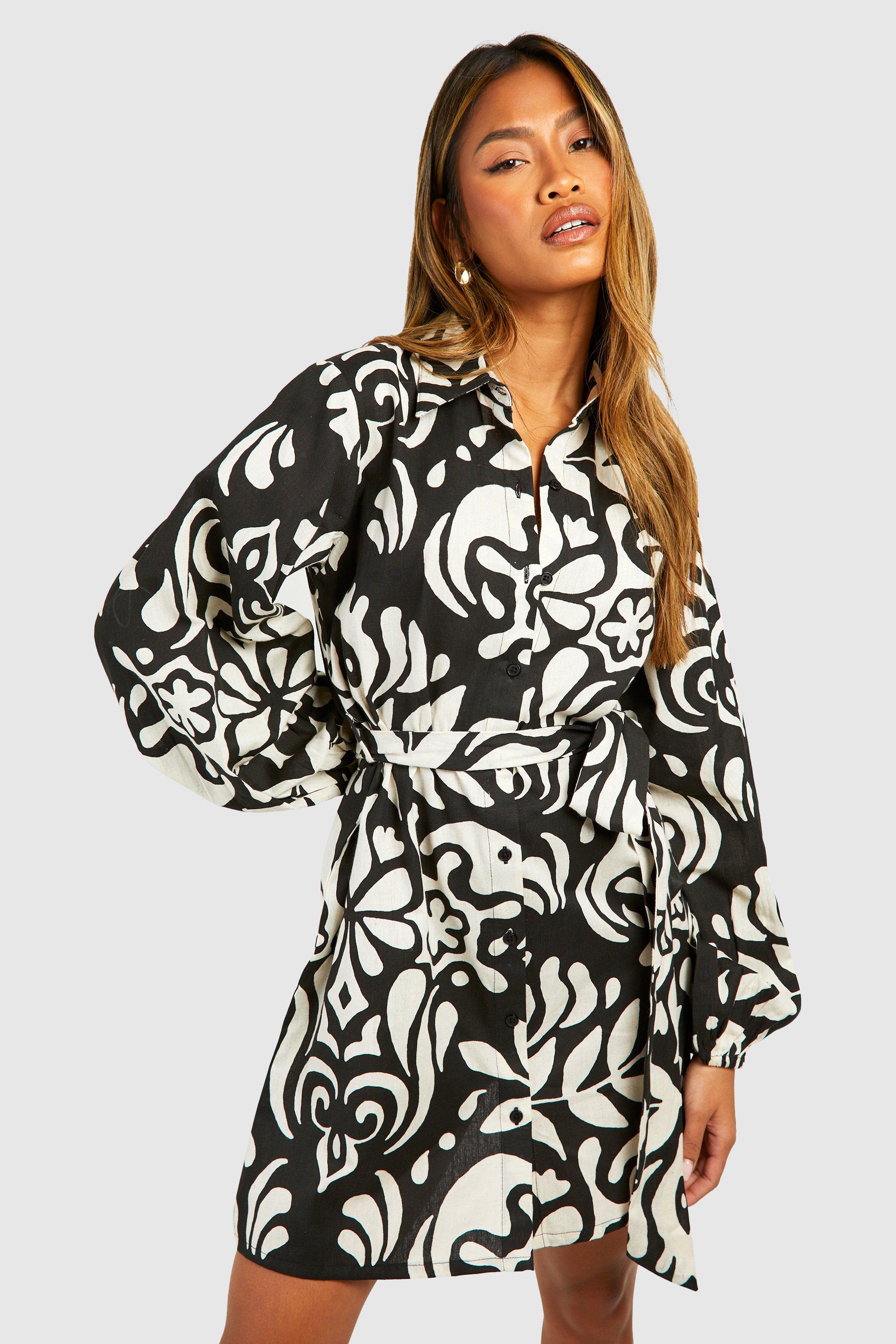 Boohoo Linnen Wikkel Blouse Jurk Met Print, Black